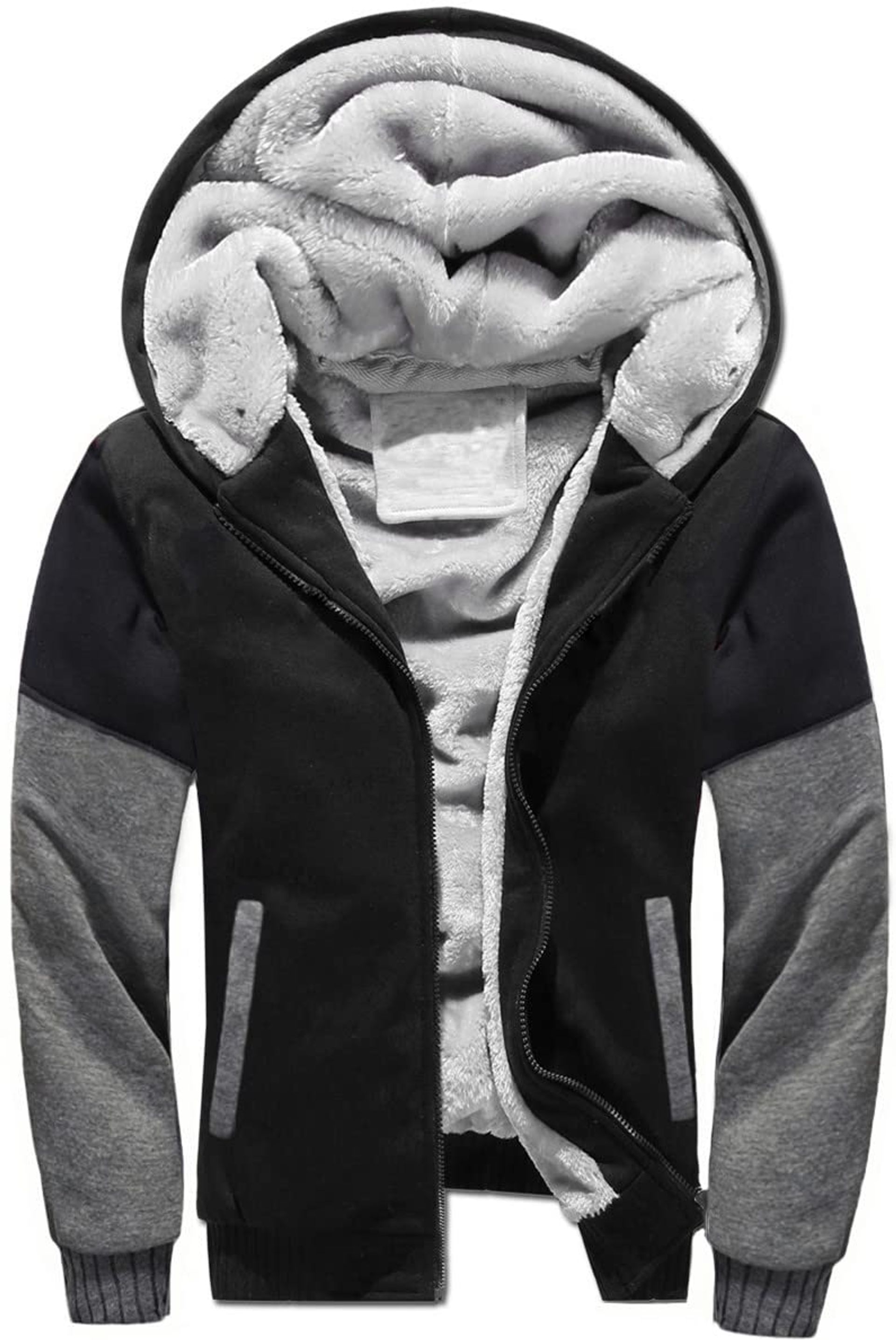 Men's Sherpa Lined Hoodie Full Zip Fleece Winter Jacket Warm Outwear - Black & Dark Grey XXL