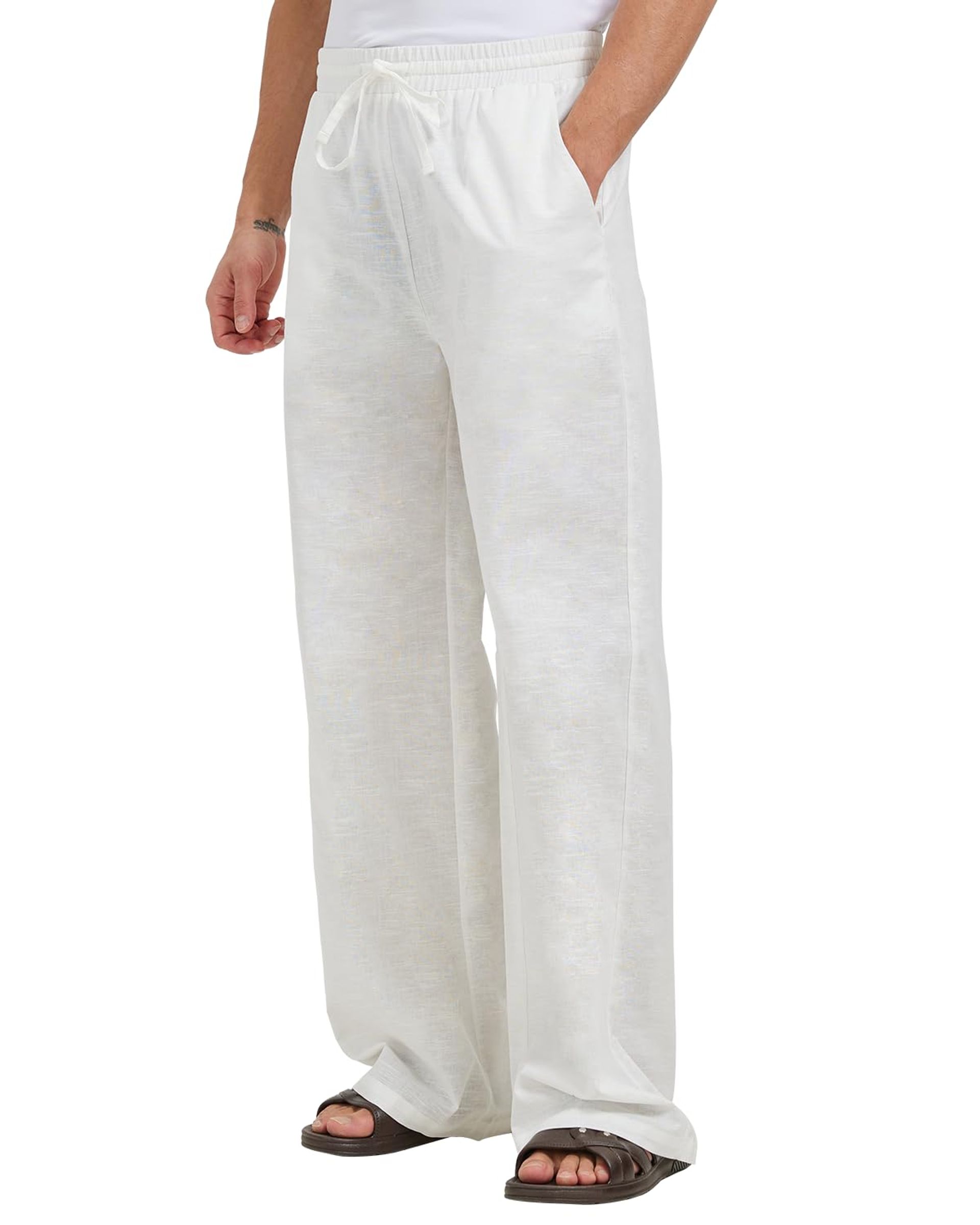 Men's Linen Trousers Lightweight Summer Drawstring Beach Pants with Pockets Wide Leg Loose Fit - White XL Extra Tall