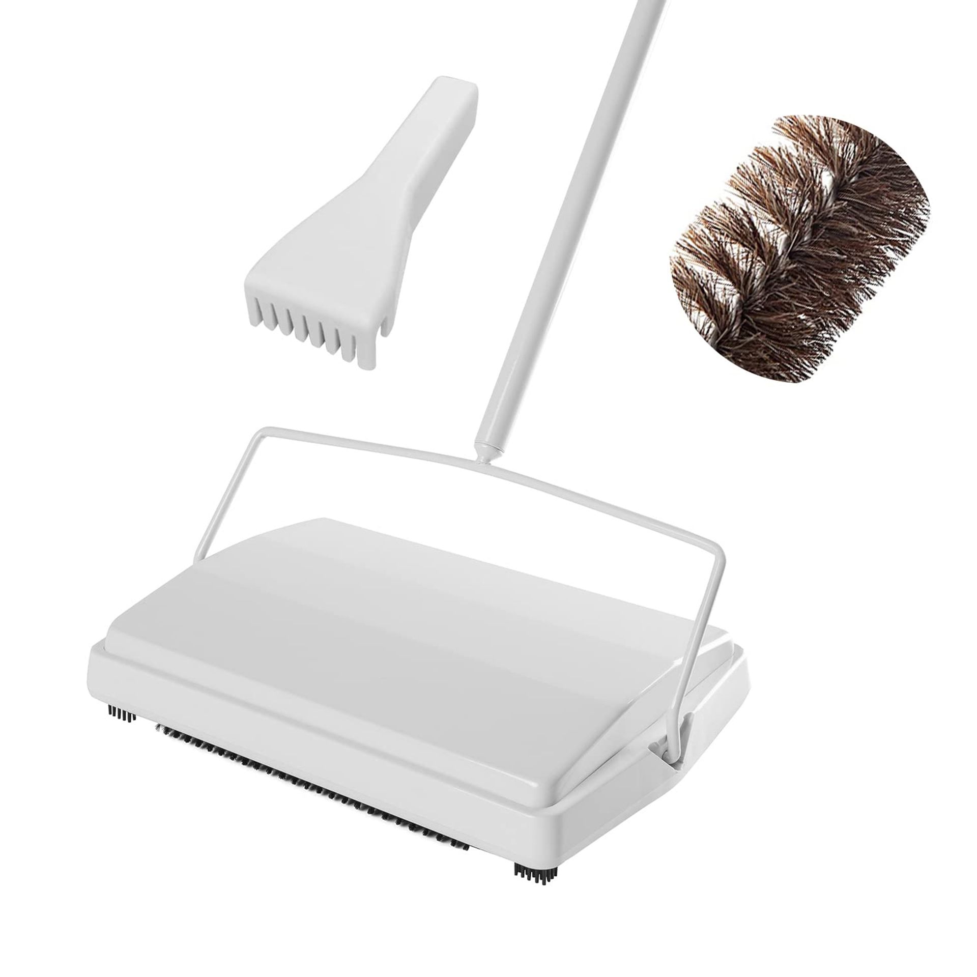 Manual Carpet Sweeper Floor Brush with Horsehair Non-Electric Quiet Cleaning Tool for Pet Hair, Lint & Debris - White CS-04