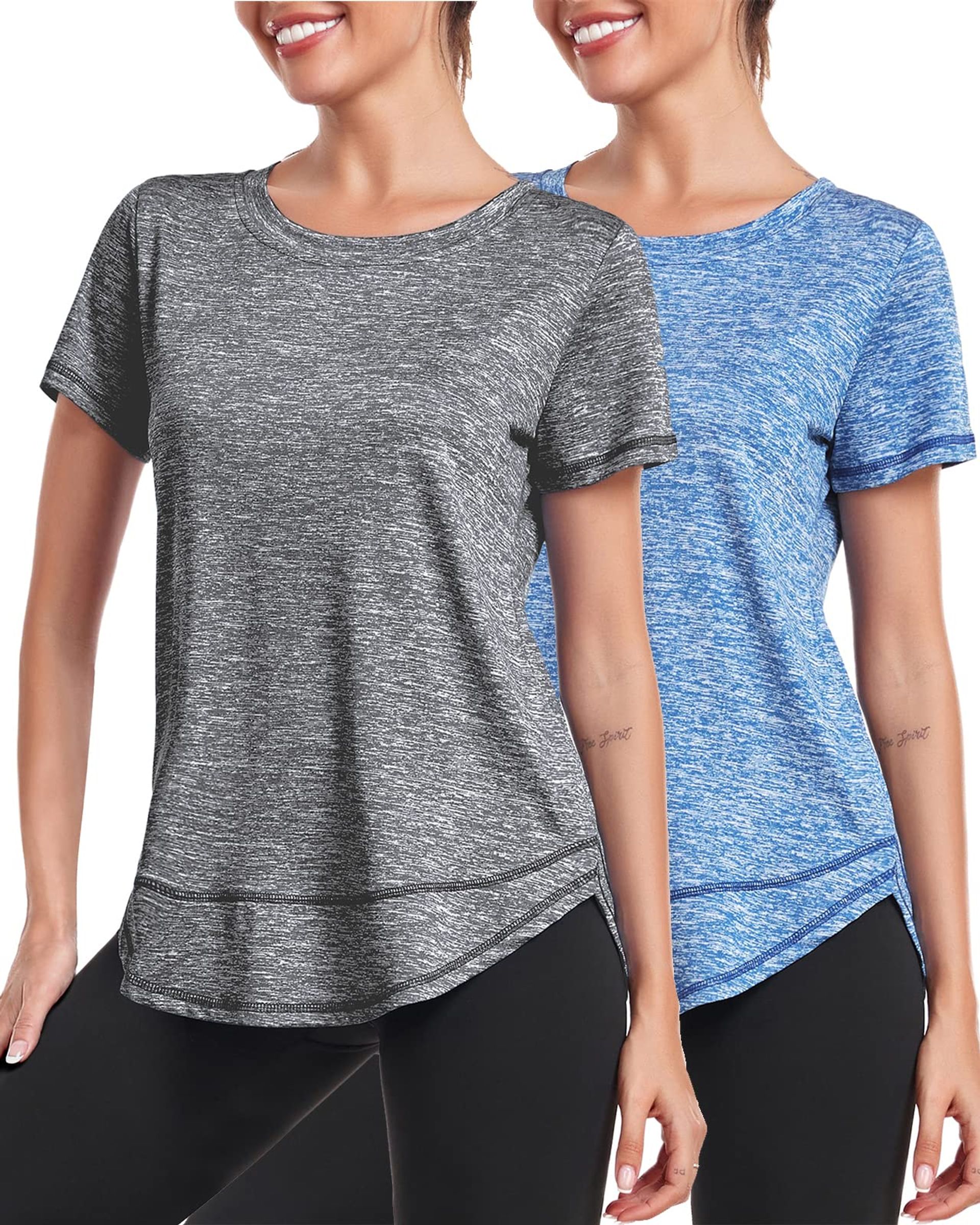 Women's Sports T-Shirt Short Sleeve Gym Top Breathable Crew Neck Workout Tee with Side Split - Grey+Blue S
