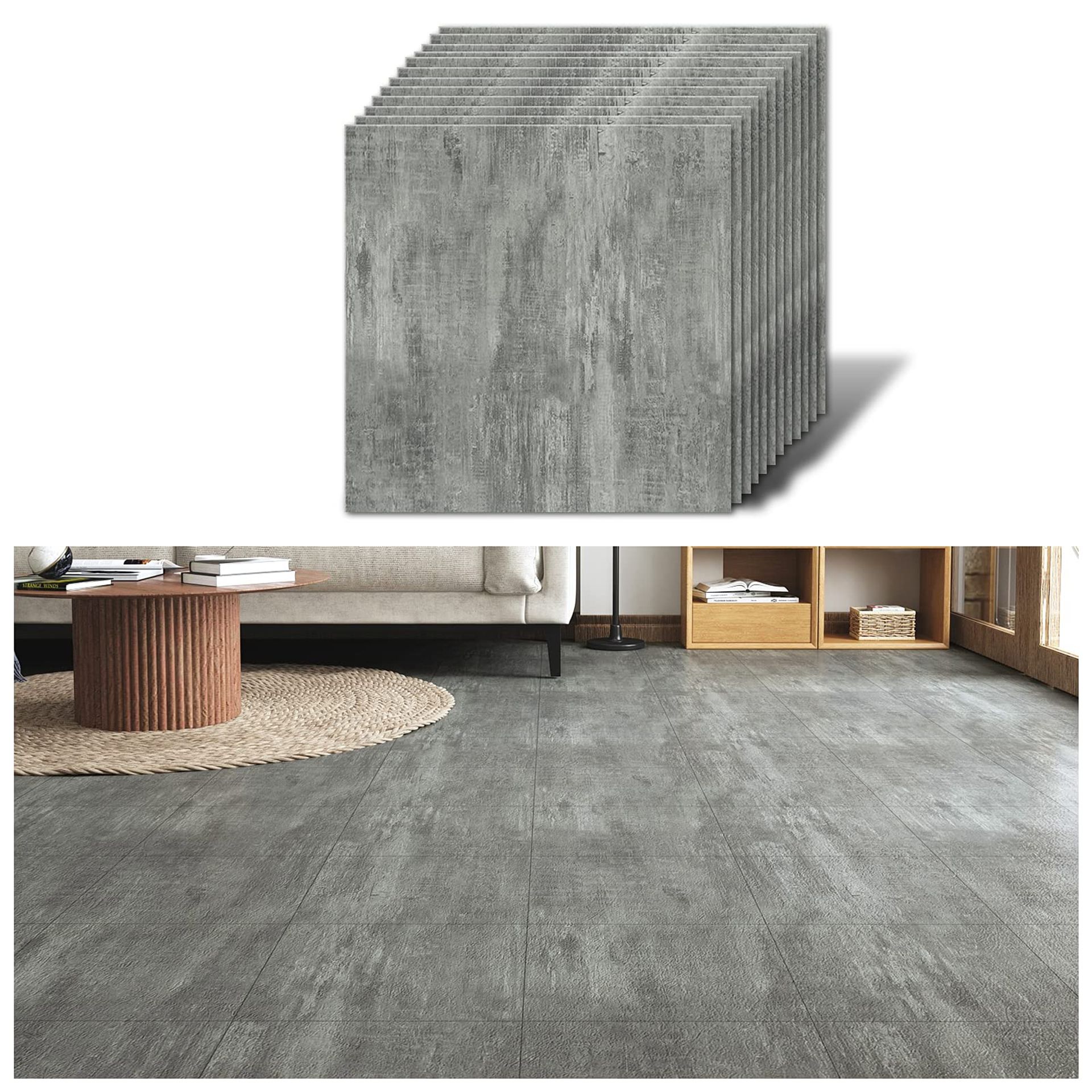 Peel and Stick Vinyl Floor Tiles Self-Adhesive Waterproof Easy Clean for Bathroom Kitchen Living Room - Grey 30cm x 30cm 12 Pieces