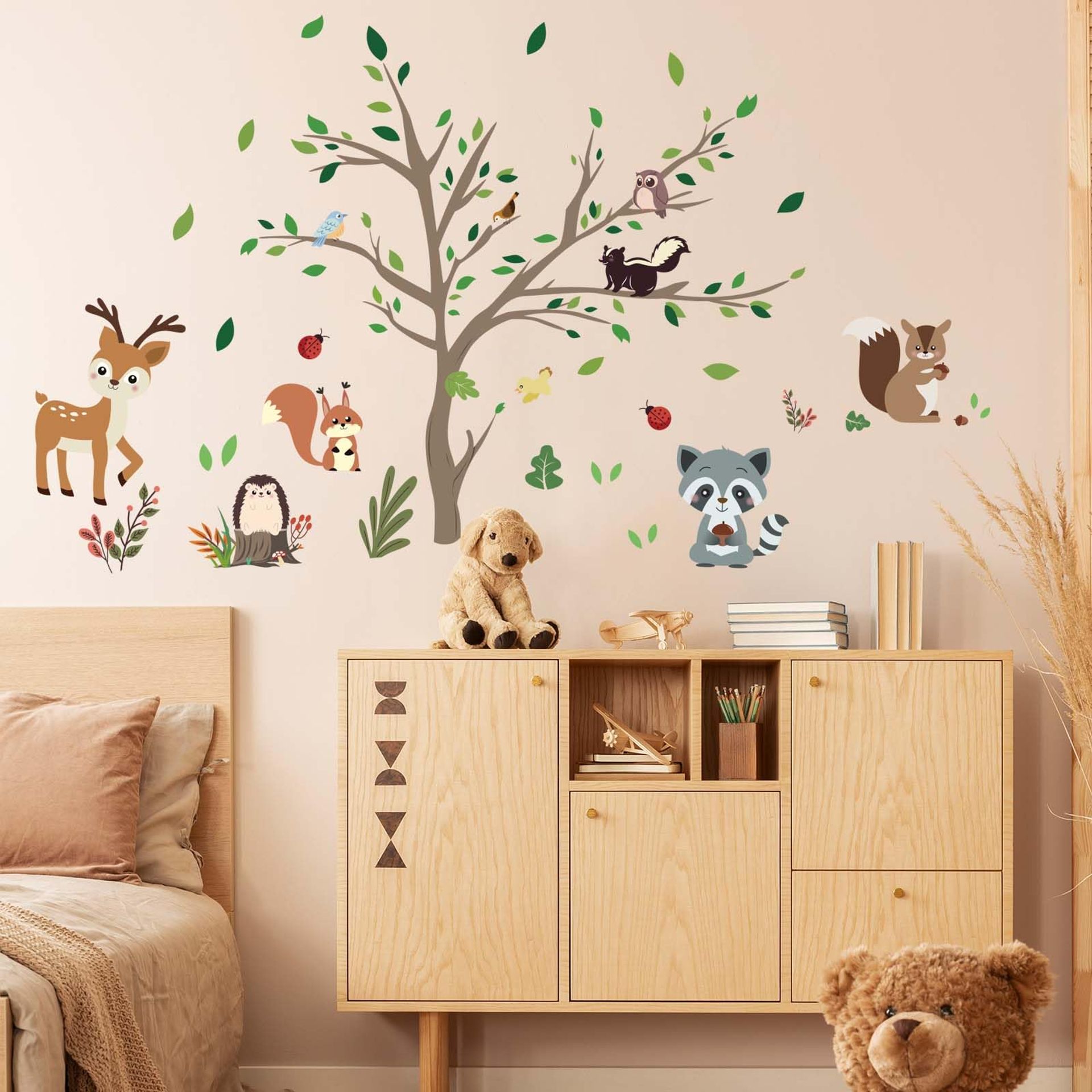 Amimagen Woodland Animals Tree Wall Stickers - Deer Fox Squirrel Wall Decals - Nursery Kids Baby Girls Boys Room Daycare Playroom Classroom Wall Decor
