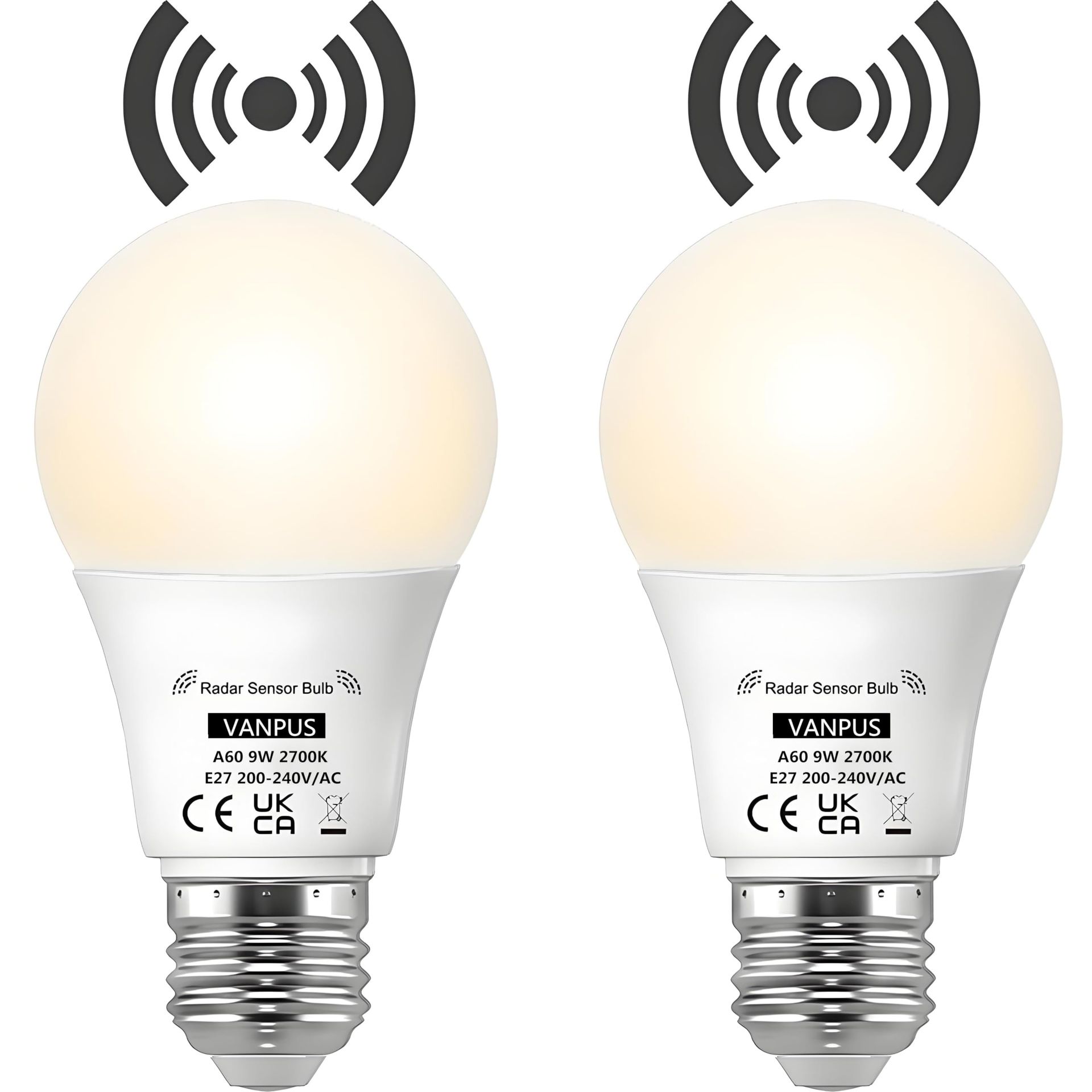 Motion Sensor LED Light Bulbs E27 Auto On/Off Radar Sensing 9W for Garages, Corridors & Courtyards - Warm White A60