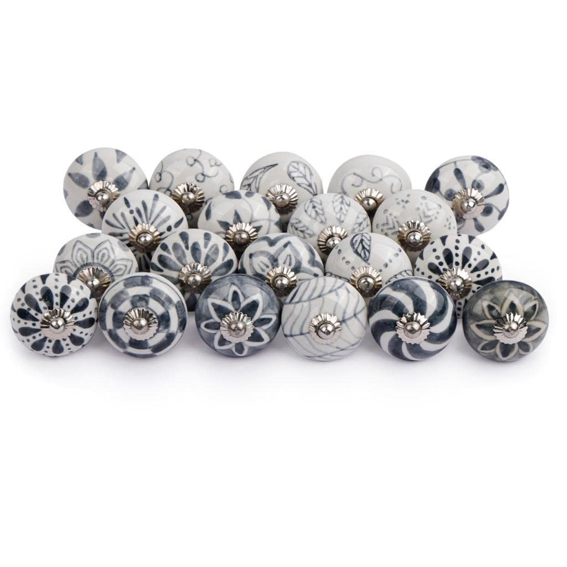 Ceramic Door Knobs Set of 20 Assorted Flower Designs Handmade Vintage Furniture Handles - Grey Pack of 20