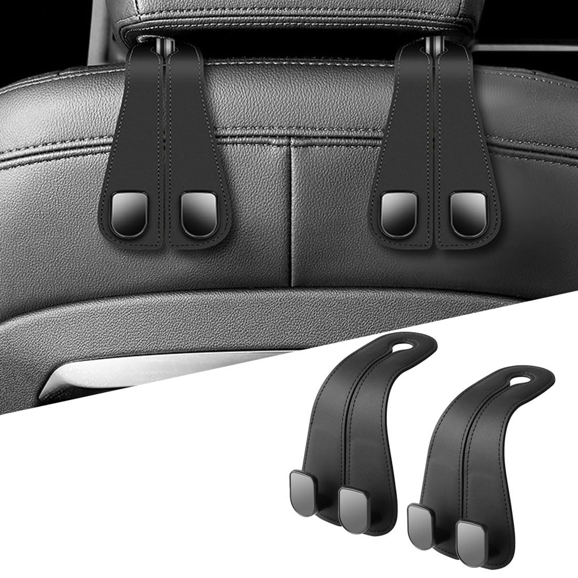 Black Leather Car Seat Headrest Hooks - 2 Pack for Bags, Purses & Organisation