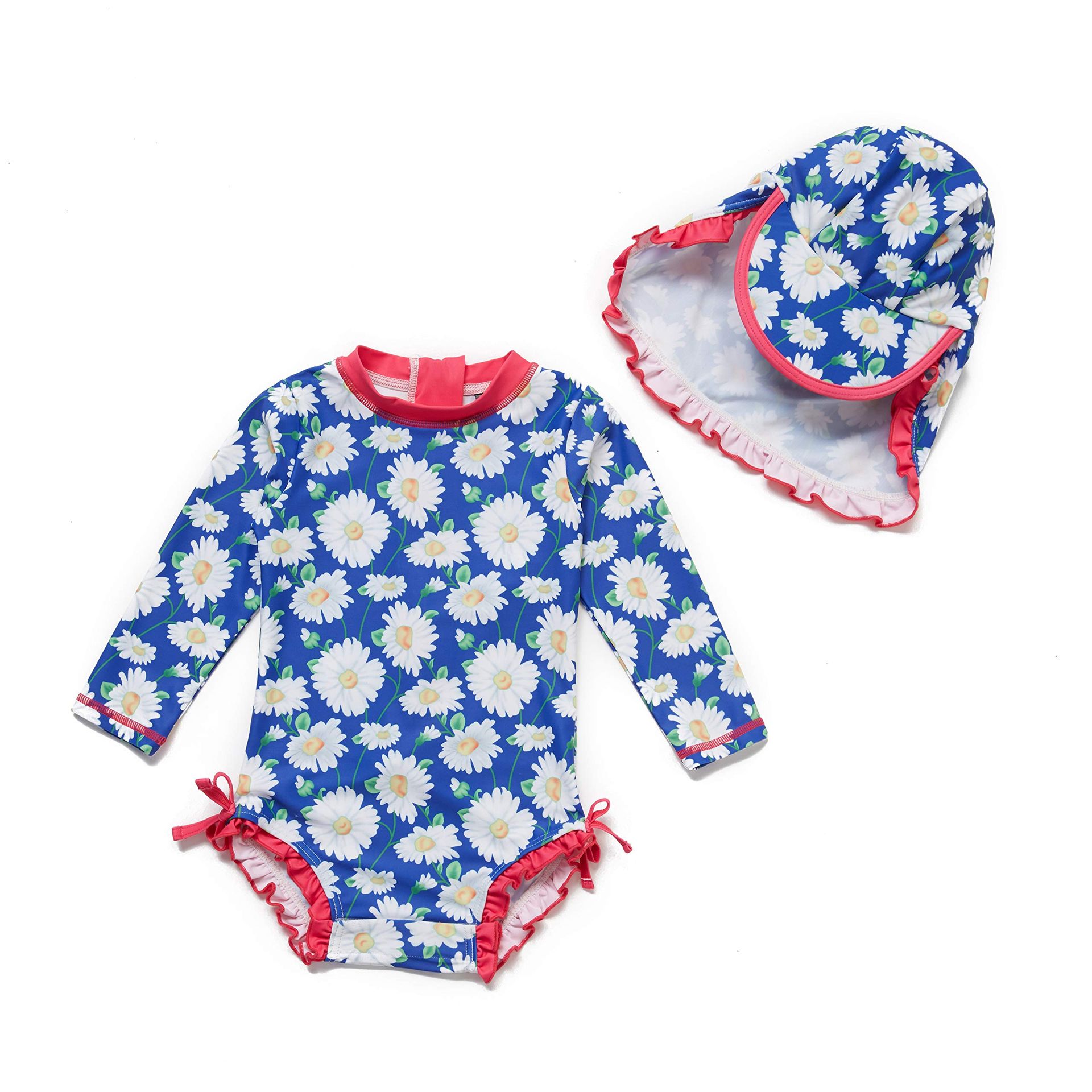 Baby Girls Long Sleeve Swimsuit with Sun Cap, UPF 50+ UV Protection, Ruffles & Zip Closure - Chrysanthemum 12-18 Months