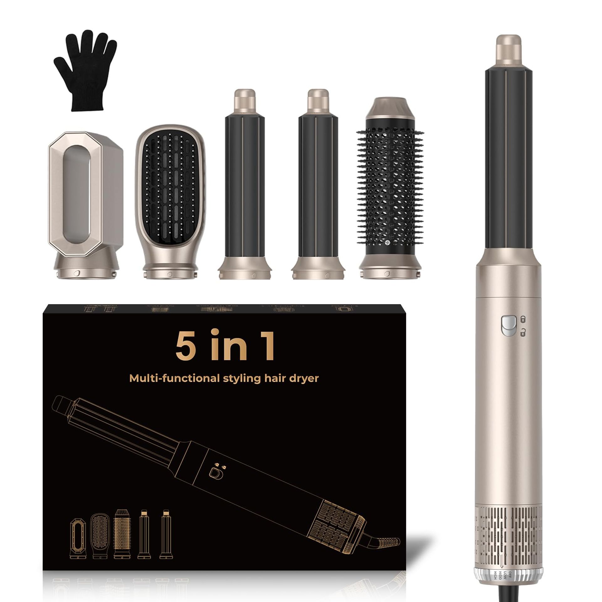 5 in 1 Hair Dryer Brush and Auto Air Curling Iron Set 1000W Negative Ionic Styler with Multiple Attachments - Gold - Valentines