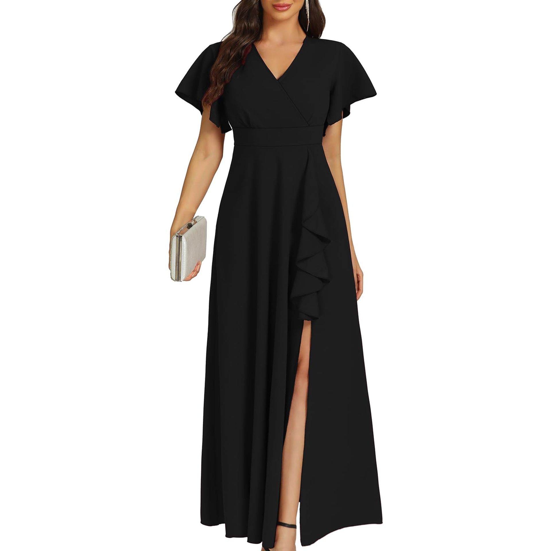 Women's Formal Long Dress Elegant V Neck Ruffle Split Evening Gown - Black L