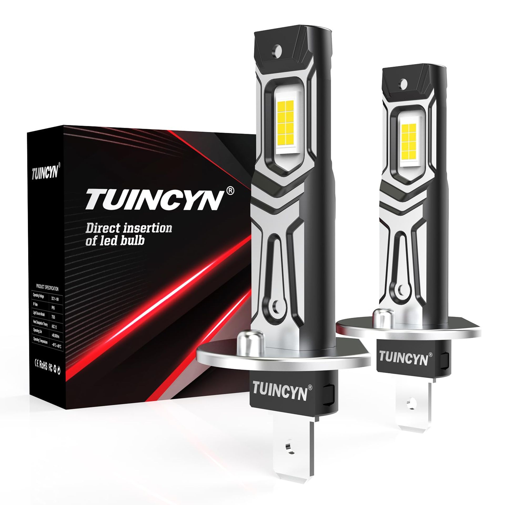 Upgraded H1 LED Headlight Bulbs 16000LM 80W 6000K White Fanless Plug & Play Pair