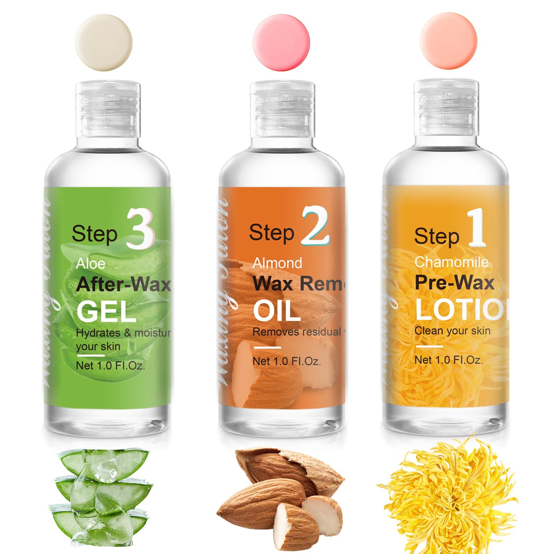 Demine Pre Wax and After Wax Wipes, Chamomile Pre-Wax Cleanser, Almond Wax Removal Oil, Aloe Vera After-Wax Gel, Wax Remover for All Skin Types 8 Sets（24Pcs）