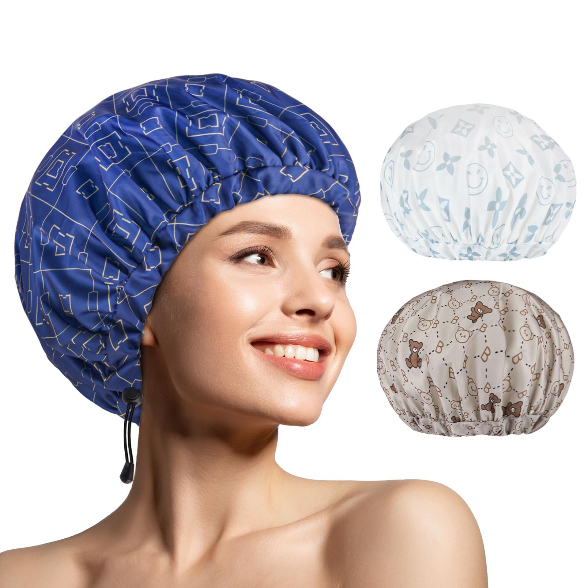 3 PCS Extra Large Double-Layer Waterproof Shower Caps - Adjustable for All Hair Lengths