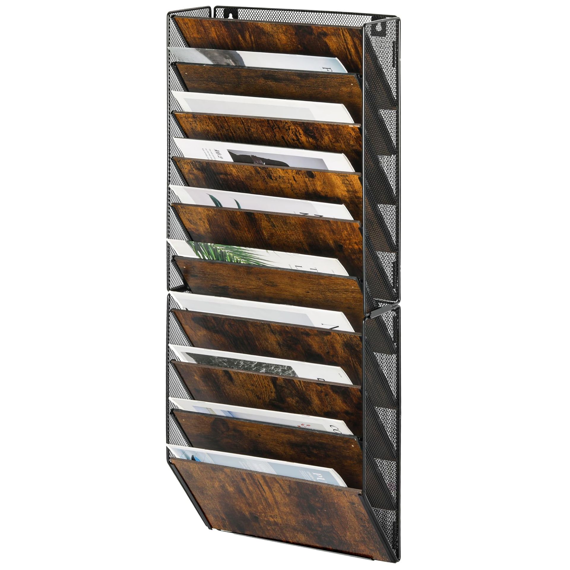 10-Pocket Wood Desk Tidy Organiser Wall Mounted A4 Document and Magazine Holder - Black/Antique 10 Tier