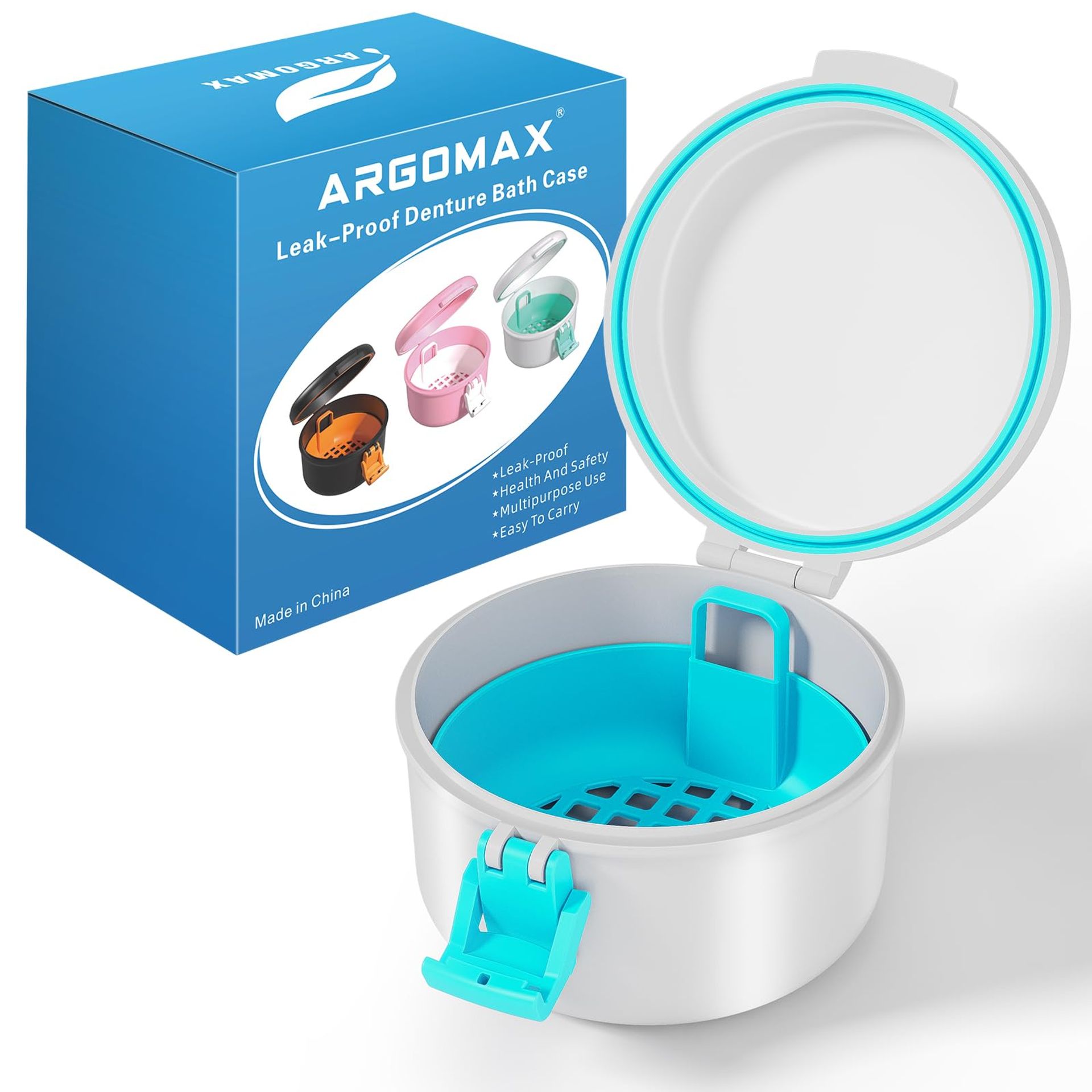 ARGOMAX Leak Proof Retainer Cleaner Case, Denture Cups for Soaking Dentures, Denture Travel Case.(White+Blue).
