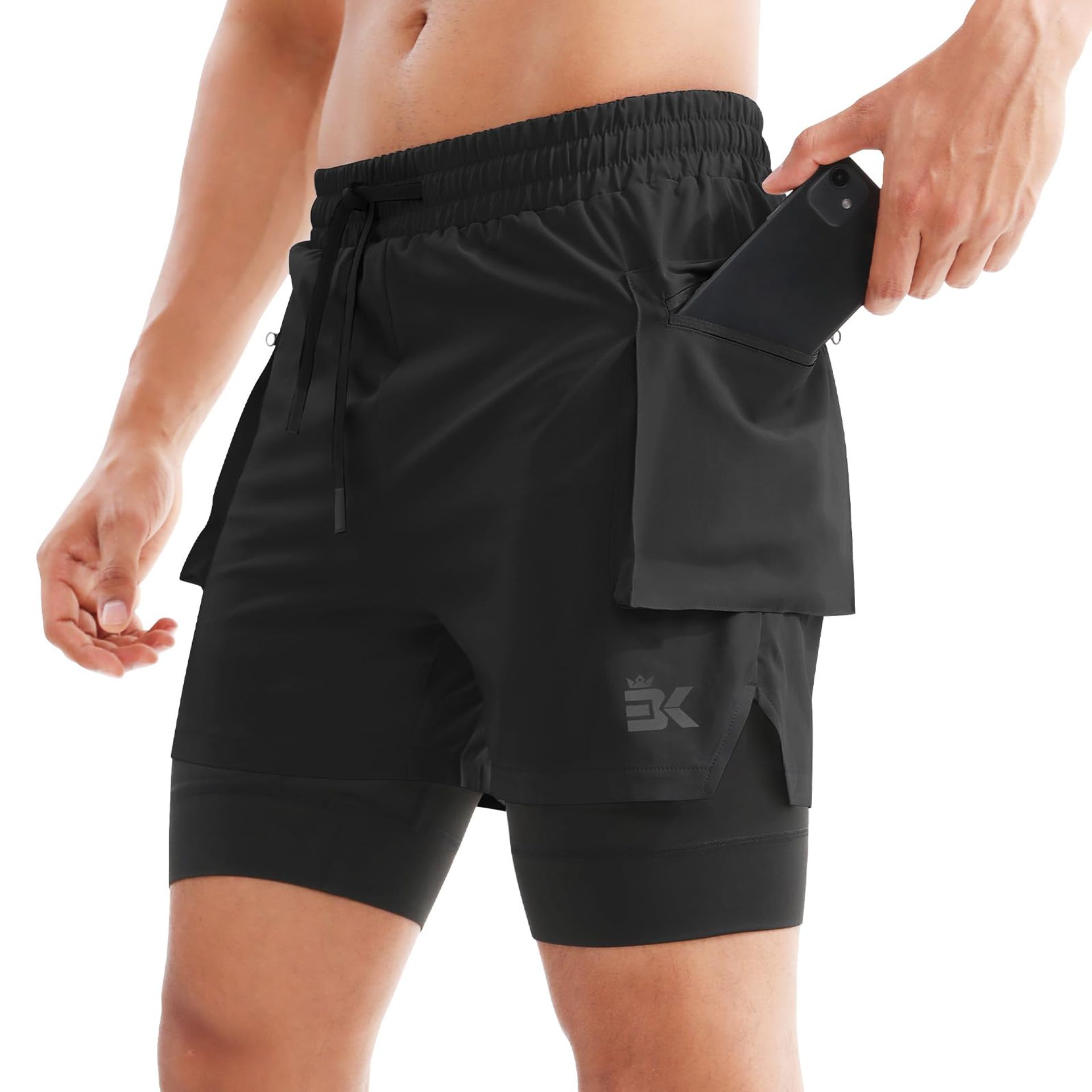 Men's 2-in-1 Cargo Gym Shorts Lightweight Sports Training with Liner and Multi Pockets - Black S