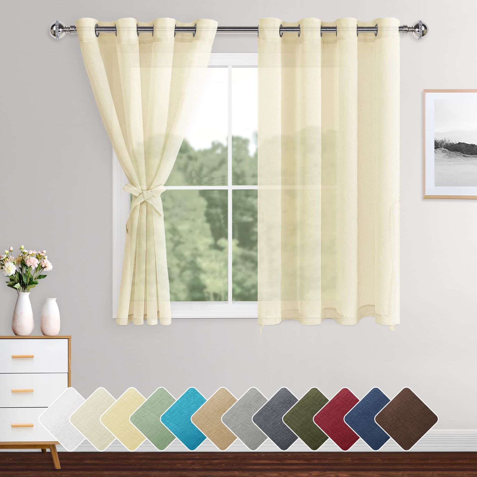 XWZO Sheer Curtains 2 Panels Linen Look Voile Curtains Semi Transparent Grommet Tieback Window Curtains for Bedroom,Light Filtering,Airy & Breathable Voile Drapes,Beige,W55*L54