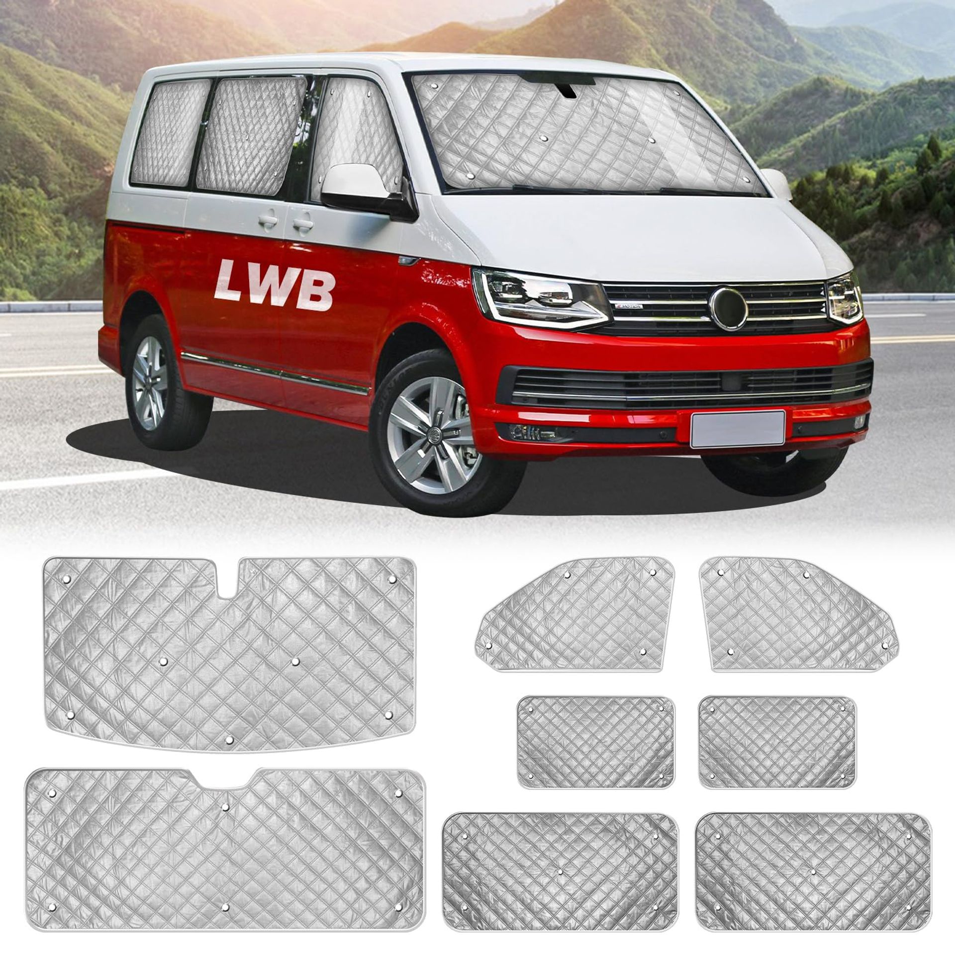 Internal Thermal Blind Set for VW LWB T5/T6 Sunshade and Insulation Covers 8Pcs - Silver