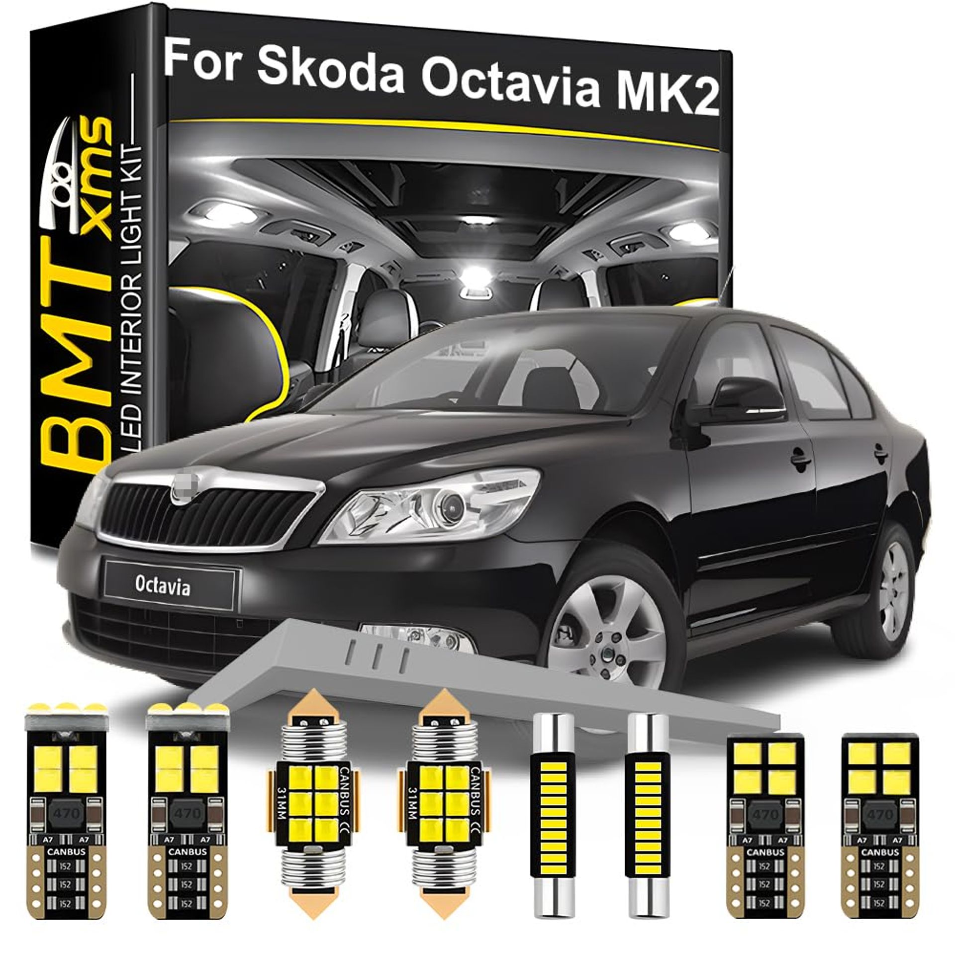 LED Interior Light Kit Replacement for Skoda Octavia MK2 1Z 2005–2012 19 Piece 6000K 12V Upgrade Set - White 19 Piece