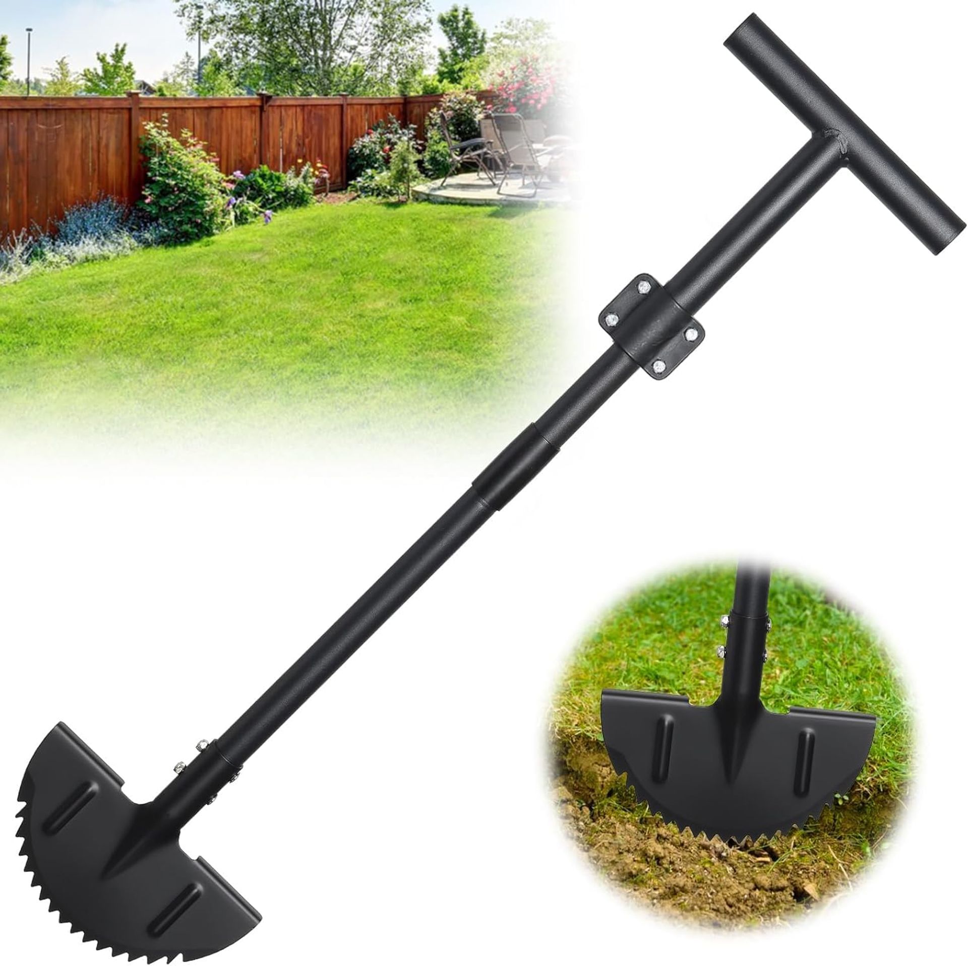 Manual Lawn Edger Tool with Adjustable Handle 96-124cm, Half Moon Blade & T-Grip for Garden, Path & Lawn Edging