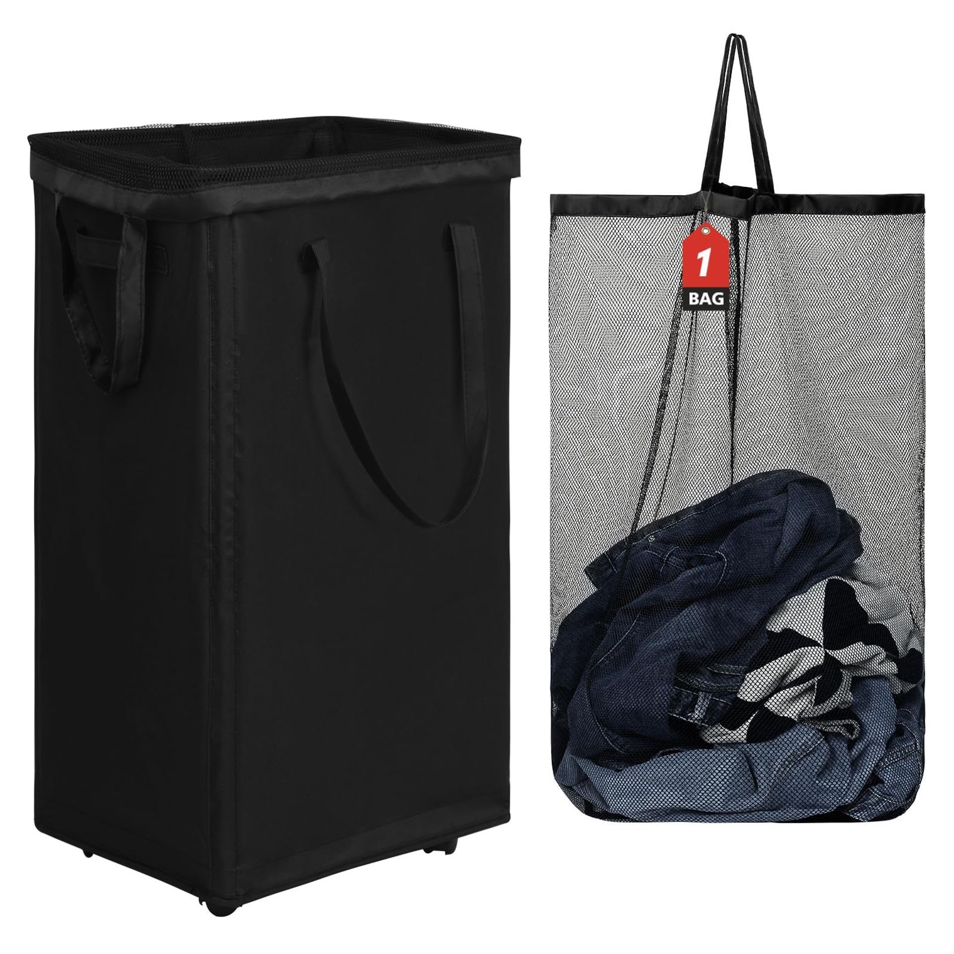 Collapsible Rolling Laundry Basket 90L with Removable Wash Bag and Wheels - Black X-Large Pro 29"