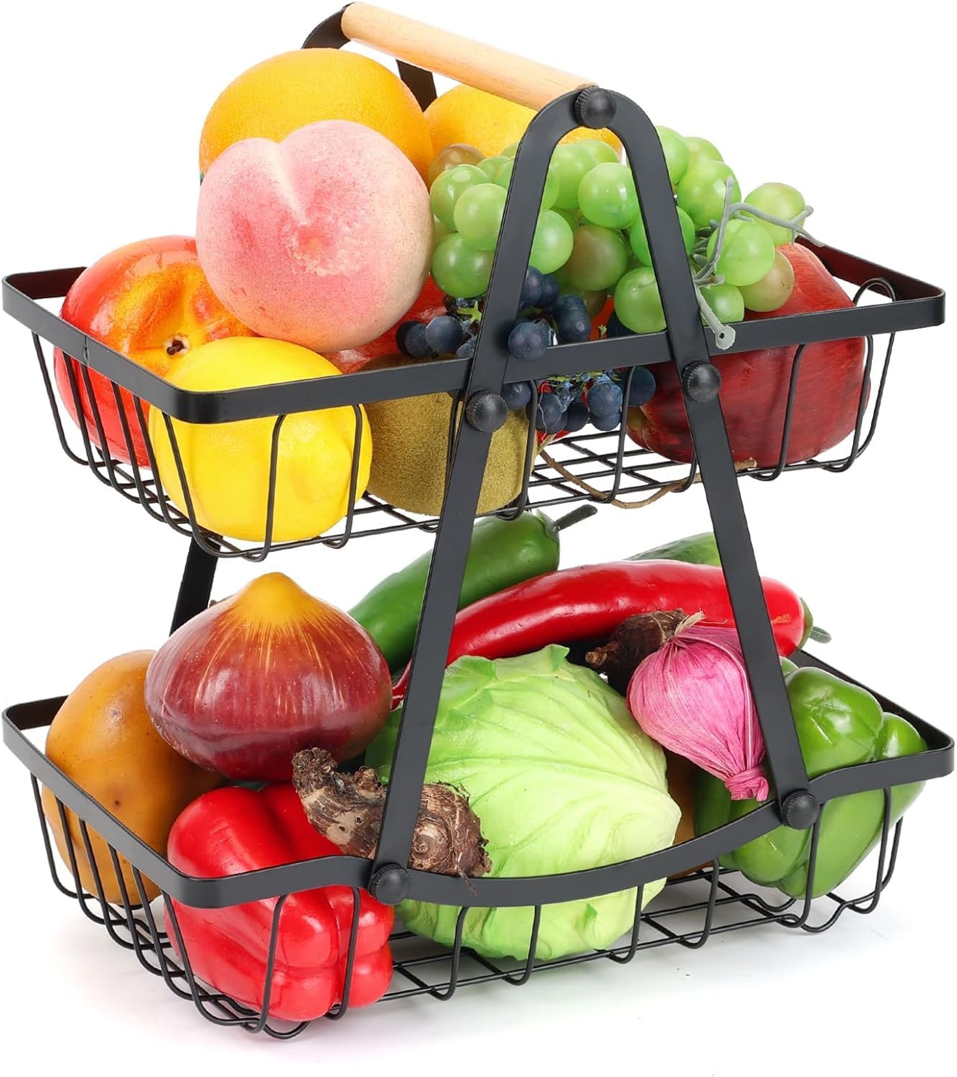 Large Black 2 Tier Fruit Basket with Wood Handle - Metal Fruit & Vegetable Holder