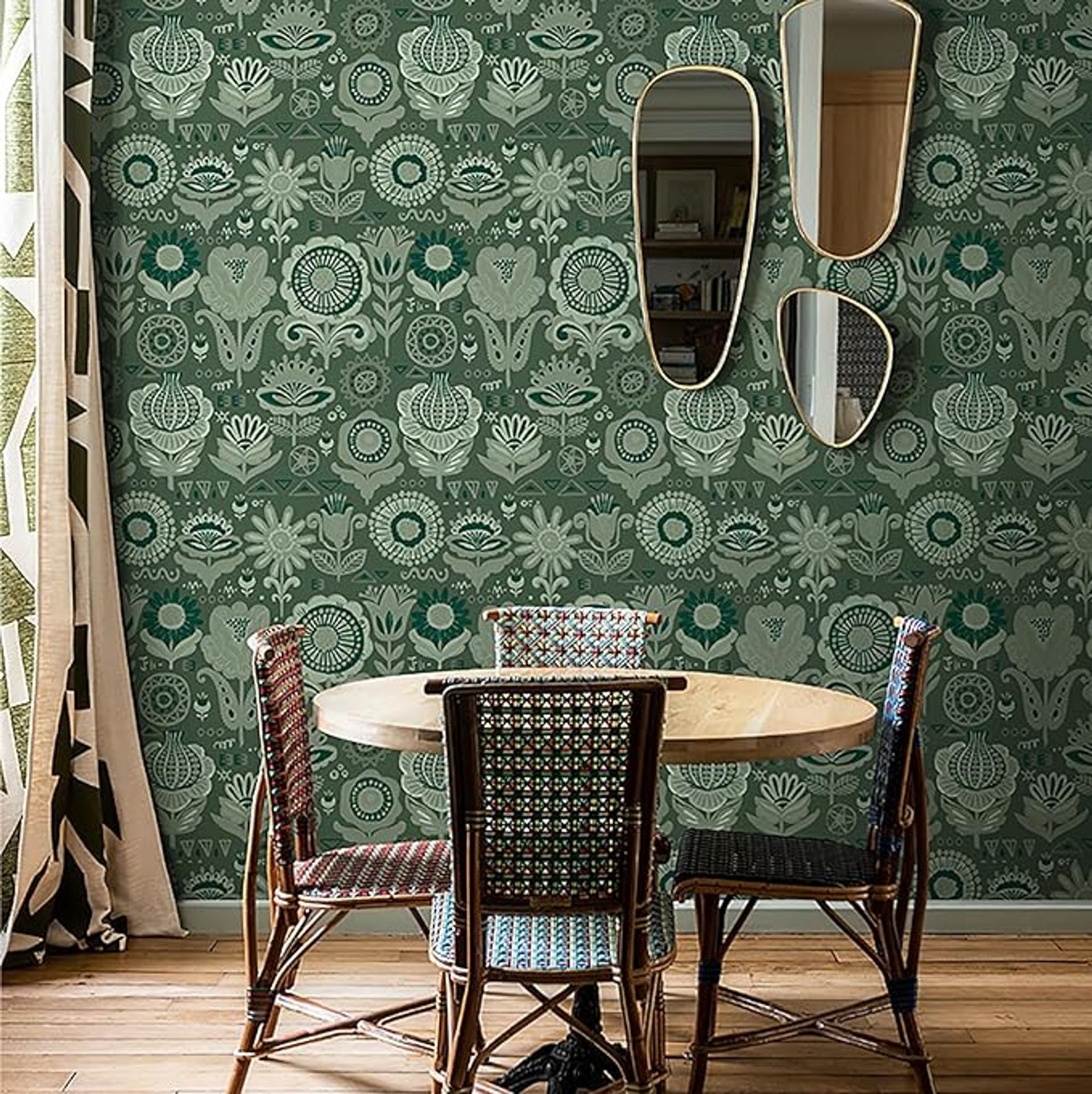 Boho Peel & Stick Wallpaper - Removable Vintage Floral Vinyl, 17.3"x236", Green