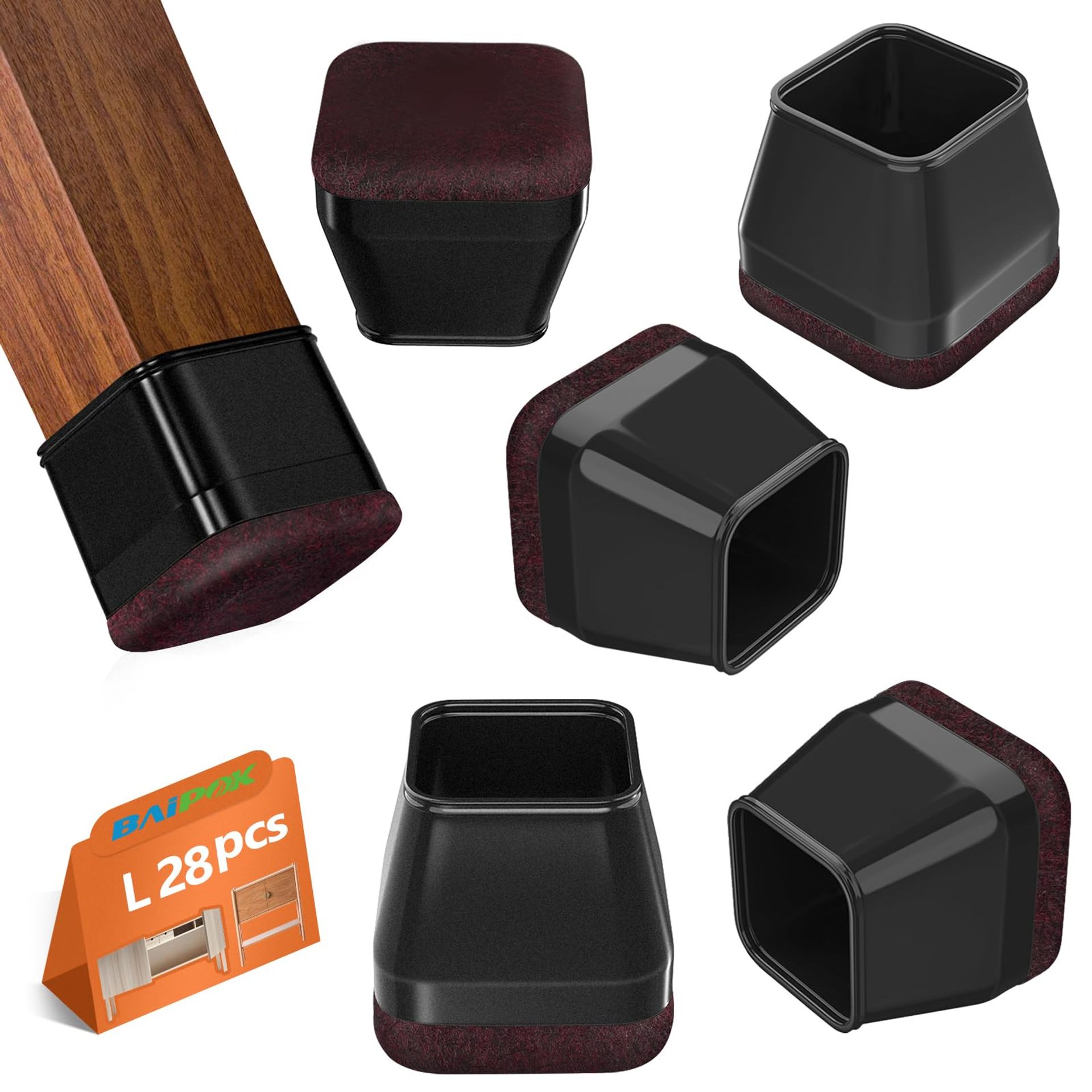 Square Chair Leg Protectors Silicone Floor Protectors with Felt Pads No Noise Scratch Resistant Set of 28 - Dark Red L (30-40mm)