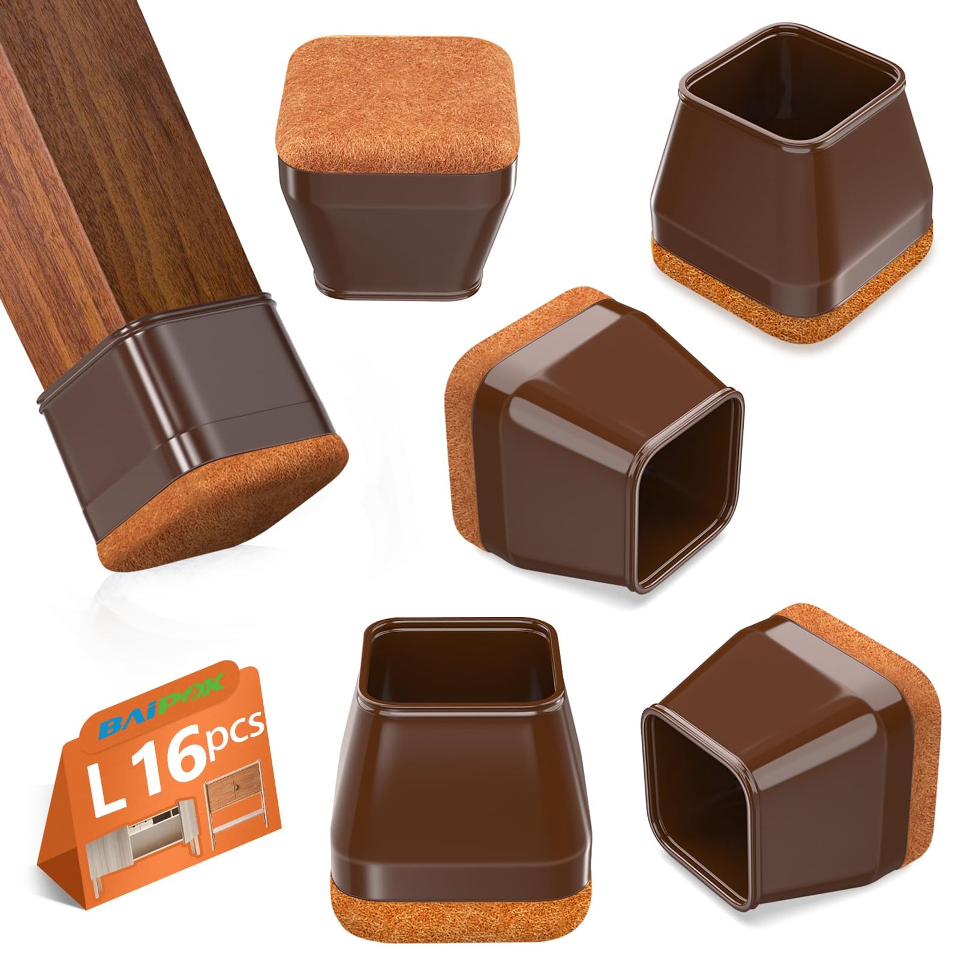 Square Silicone Chair Leg Protectors with Felt Pads for Hardwood Floors, Anti-Scratch Noise-Reducing Furniture Feet Covers - Brown L(30-40mm)