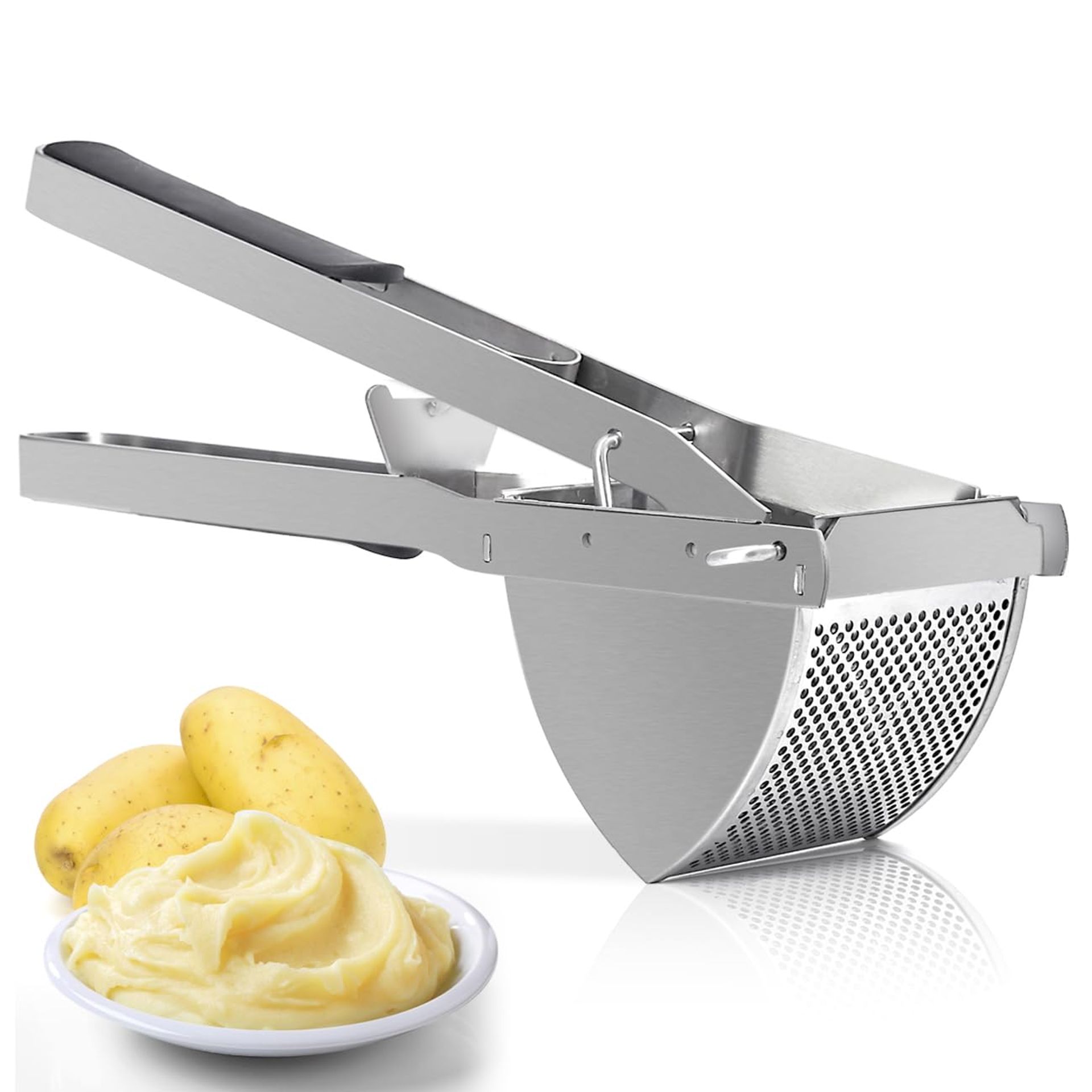 Potato Ricer Masher Manual Press for Vegetables, Fruits & Baby Food 100% Stainless Steel with Silicone Handle - Silver Large