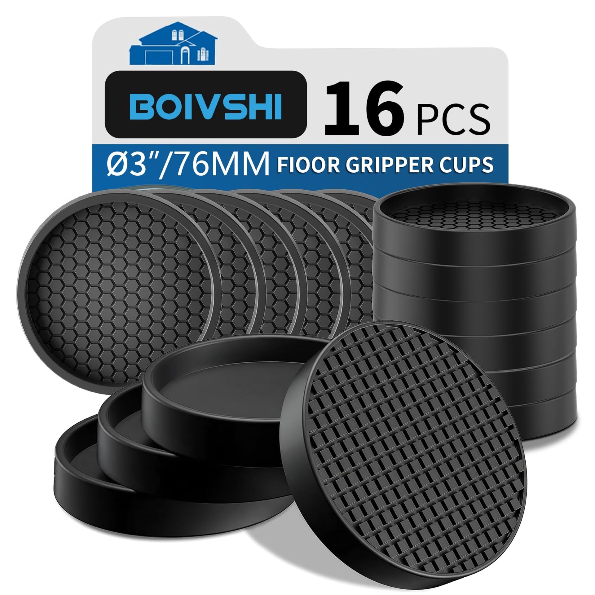 76mm Non-Slip Furniture Grippers – Rubber Coaster Pads for Sofa, Bed & Chair Feet – Prevent Scratches & Floor Damage, 16pcs Black