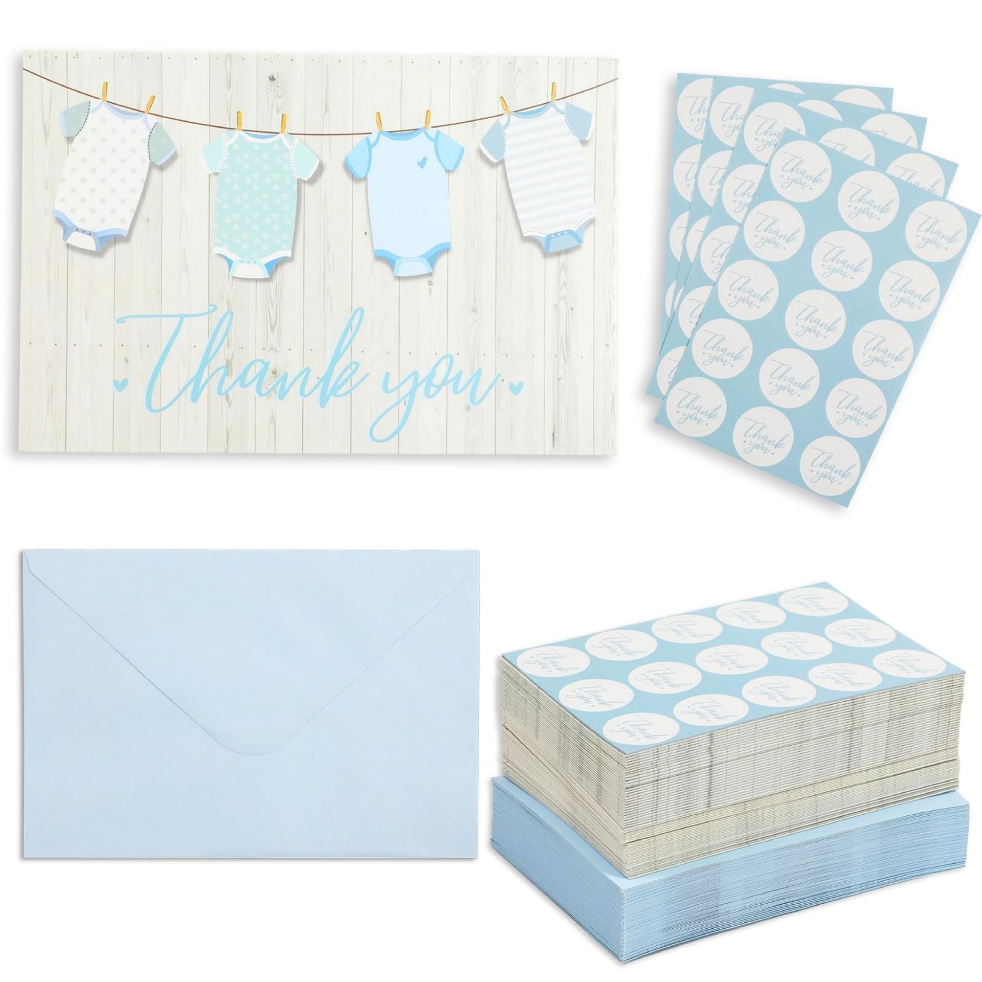 Baby Shower Thank You Cards with Envelopes and Stickers 60 Pack - Blue 6 x 4 Inch