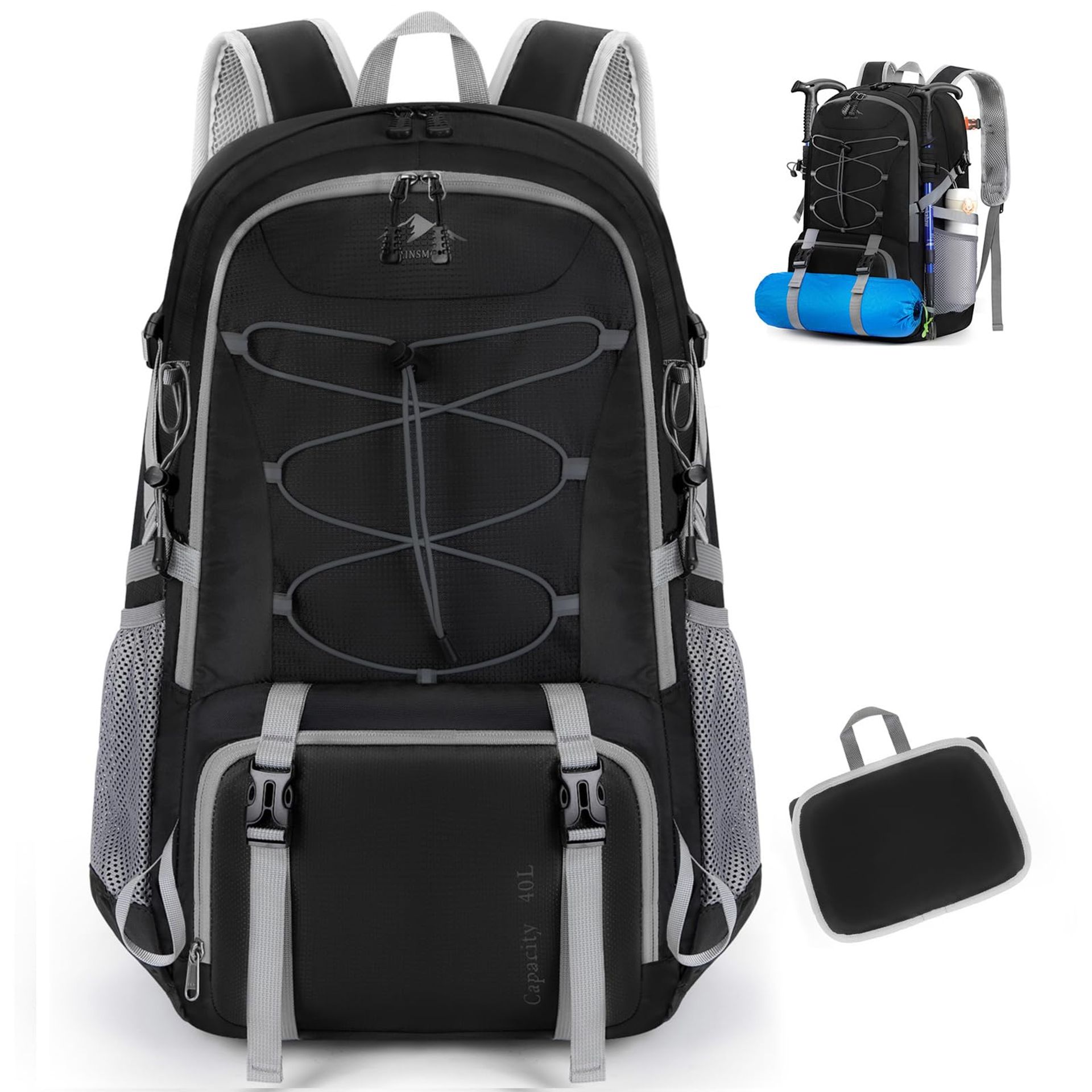 Lightweight Foldable Hiking Backpack 40L Waterproof Rucksack for Camping, Walking & Outdoor Adventures - Black 33x23x51cm