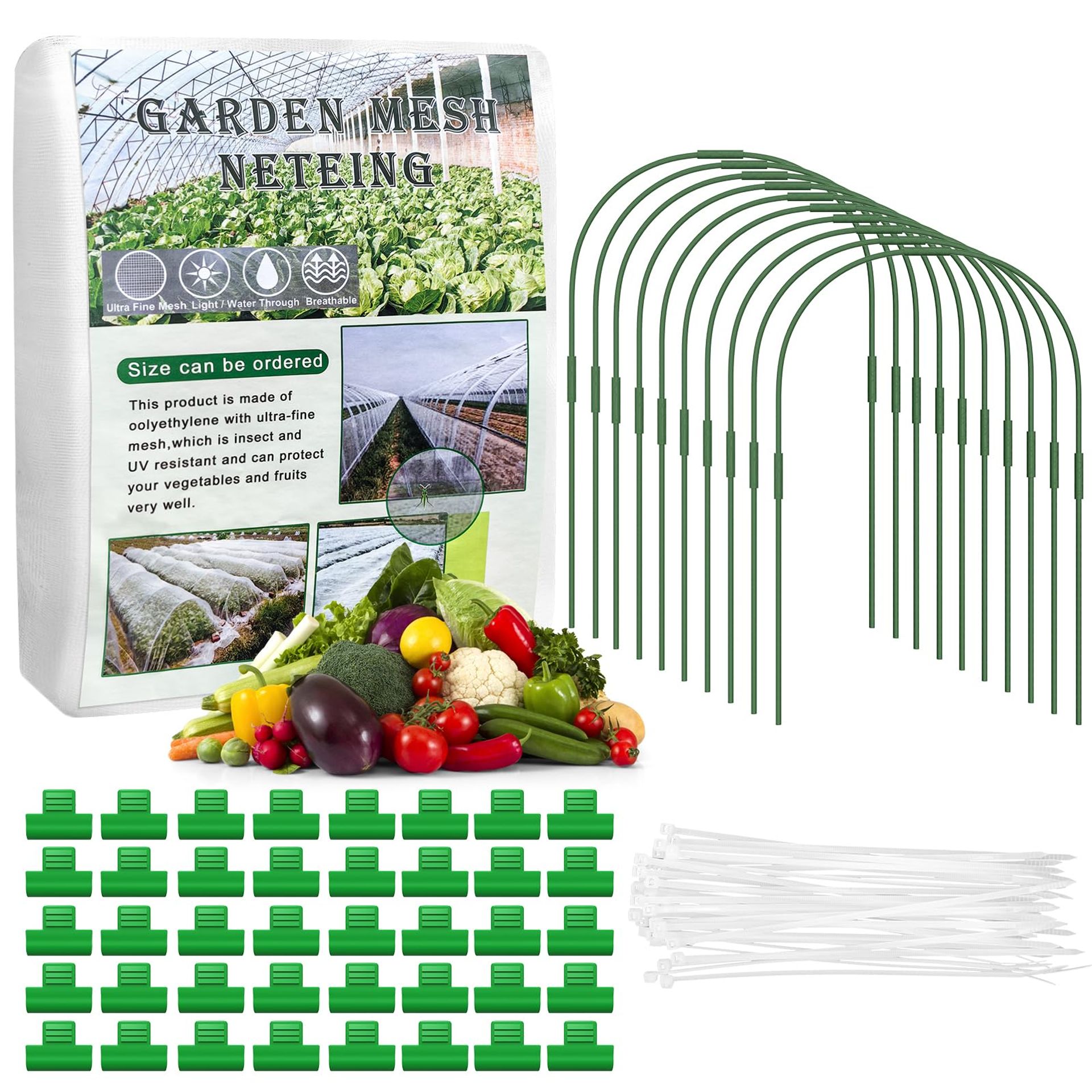 Insect Fine Mesh Netting Barrier Garden Protection with 10 Flexible Hoops for Vegetables and Fruit - White 9.8x49FT