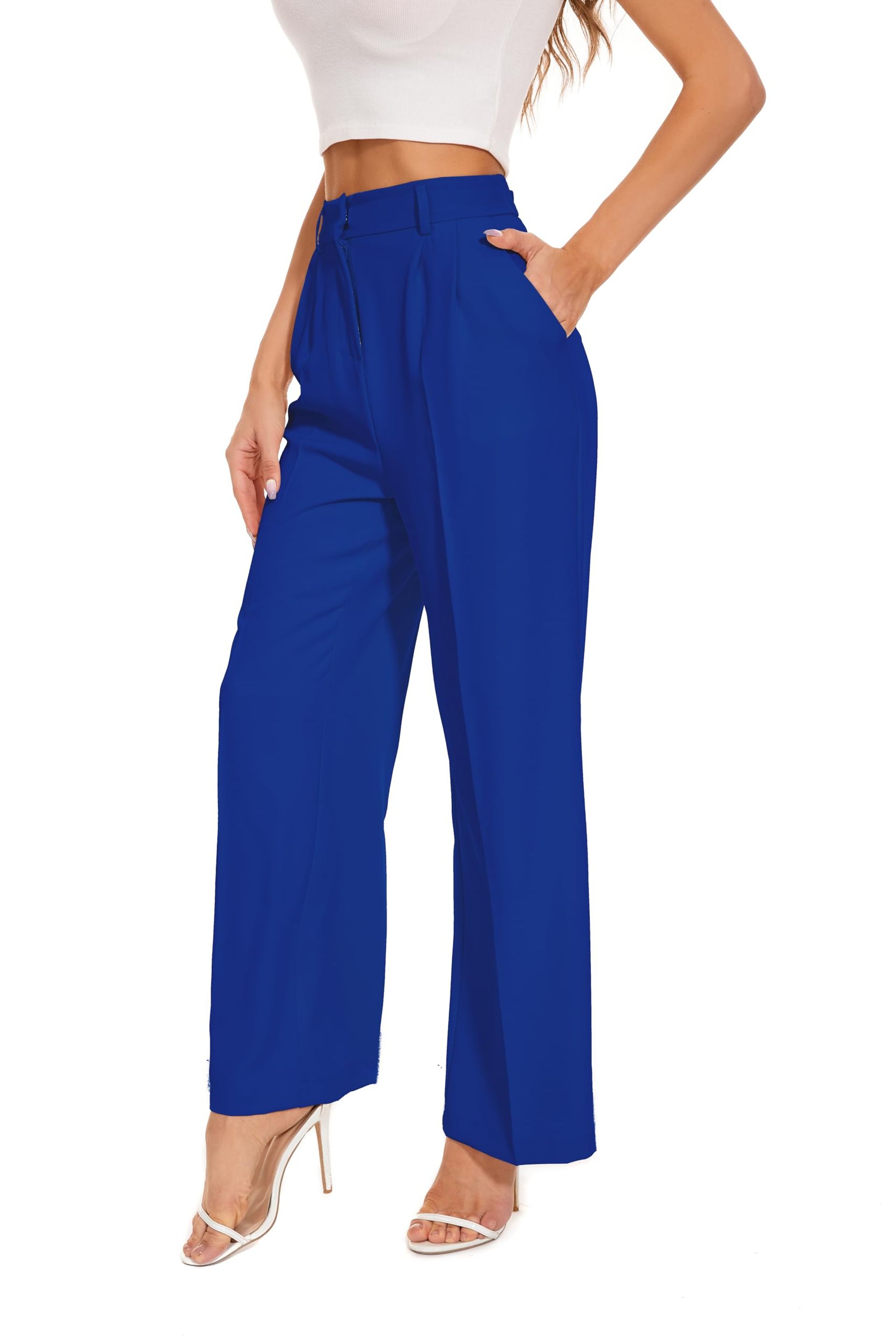Women's Wide Leg Business Trousers High Waist Elastic Back Pleated Front - Khaki L Long