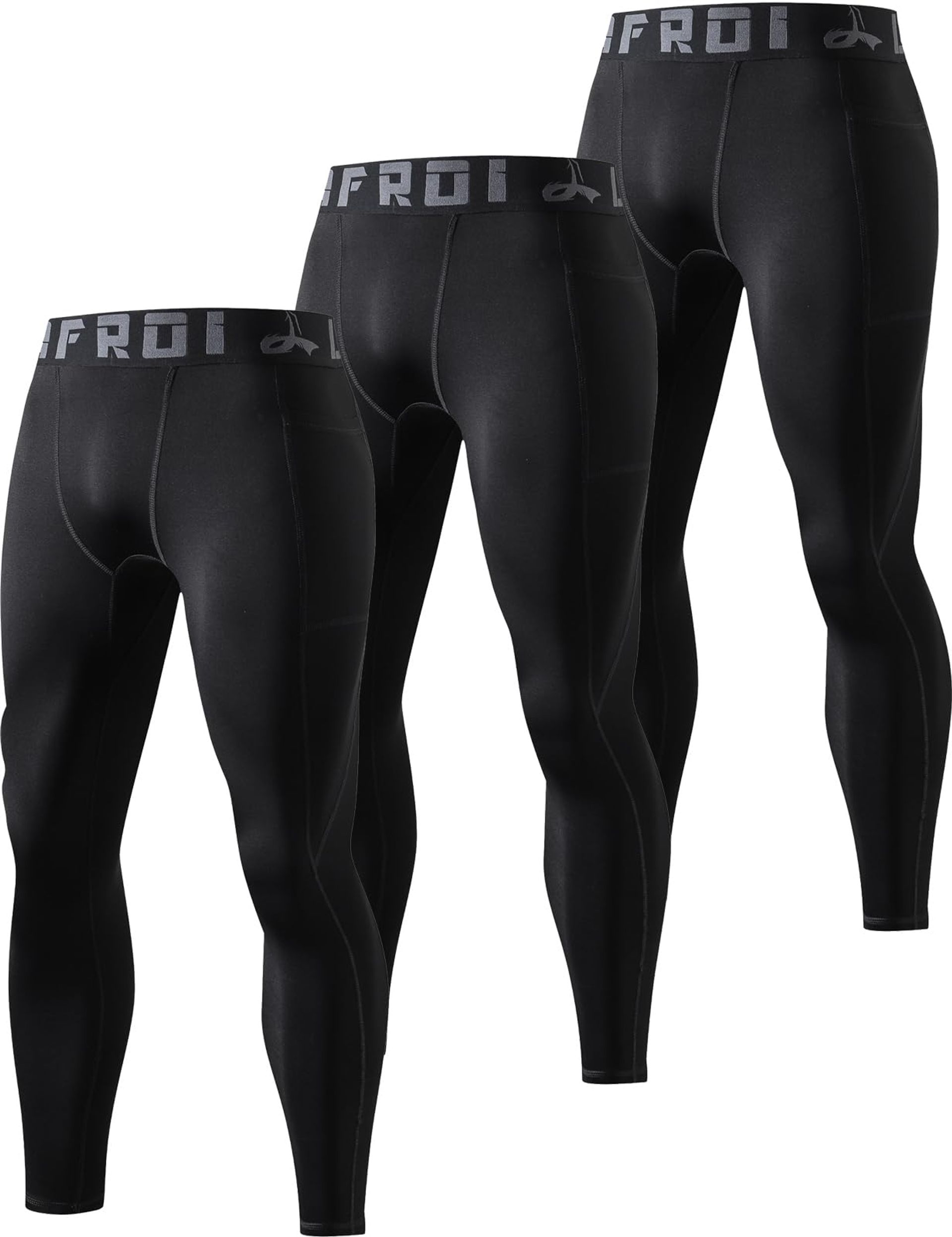 Men's Thermal Compression Tights 3-Pack with Pocket - Black XL Leggings for Running, Gym & Training
