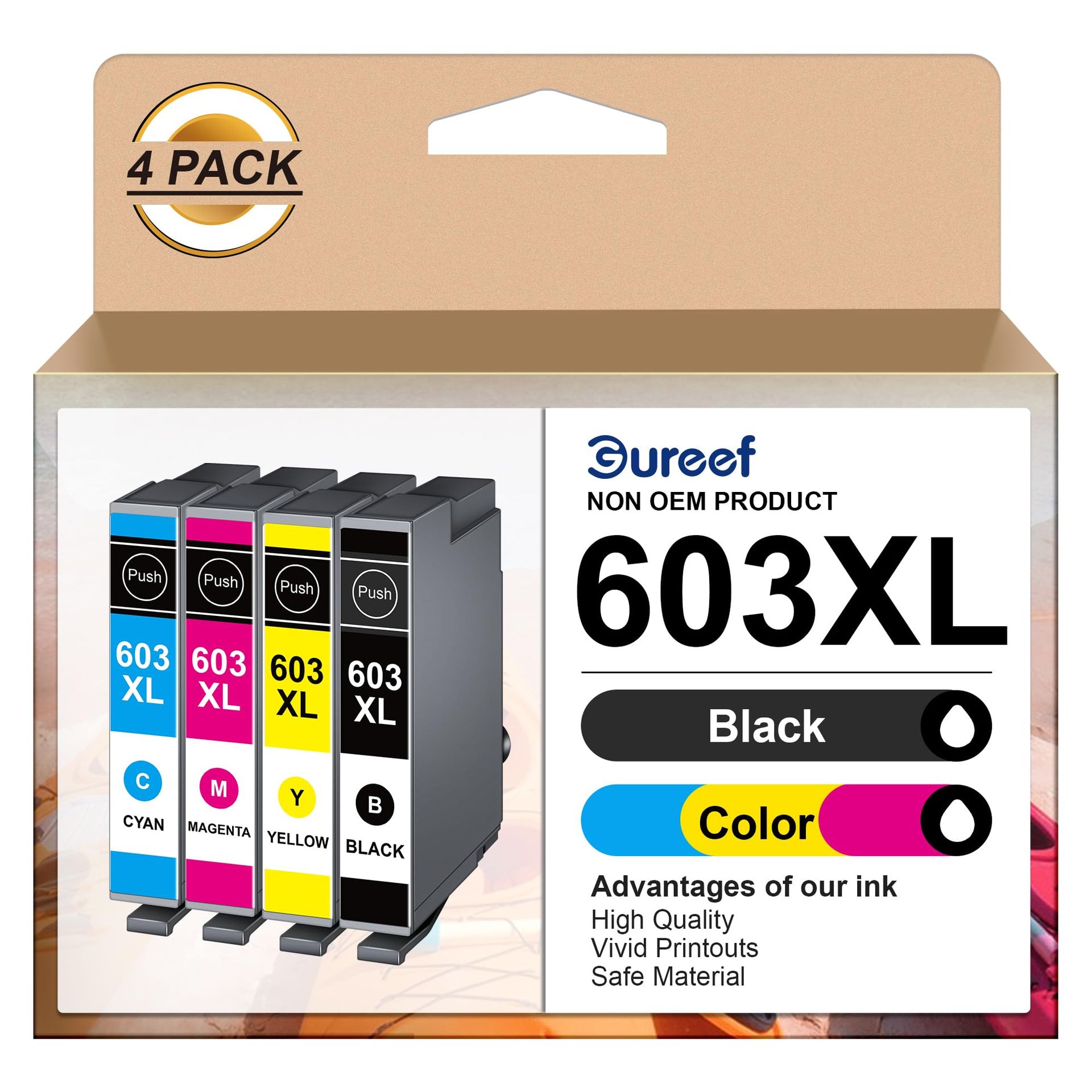 High-Yield Gureef 603XL Ink Cartridges for Epson Printers (B/C/M/Y, 4-Pack)