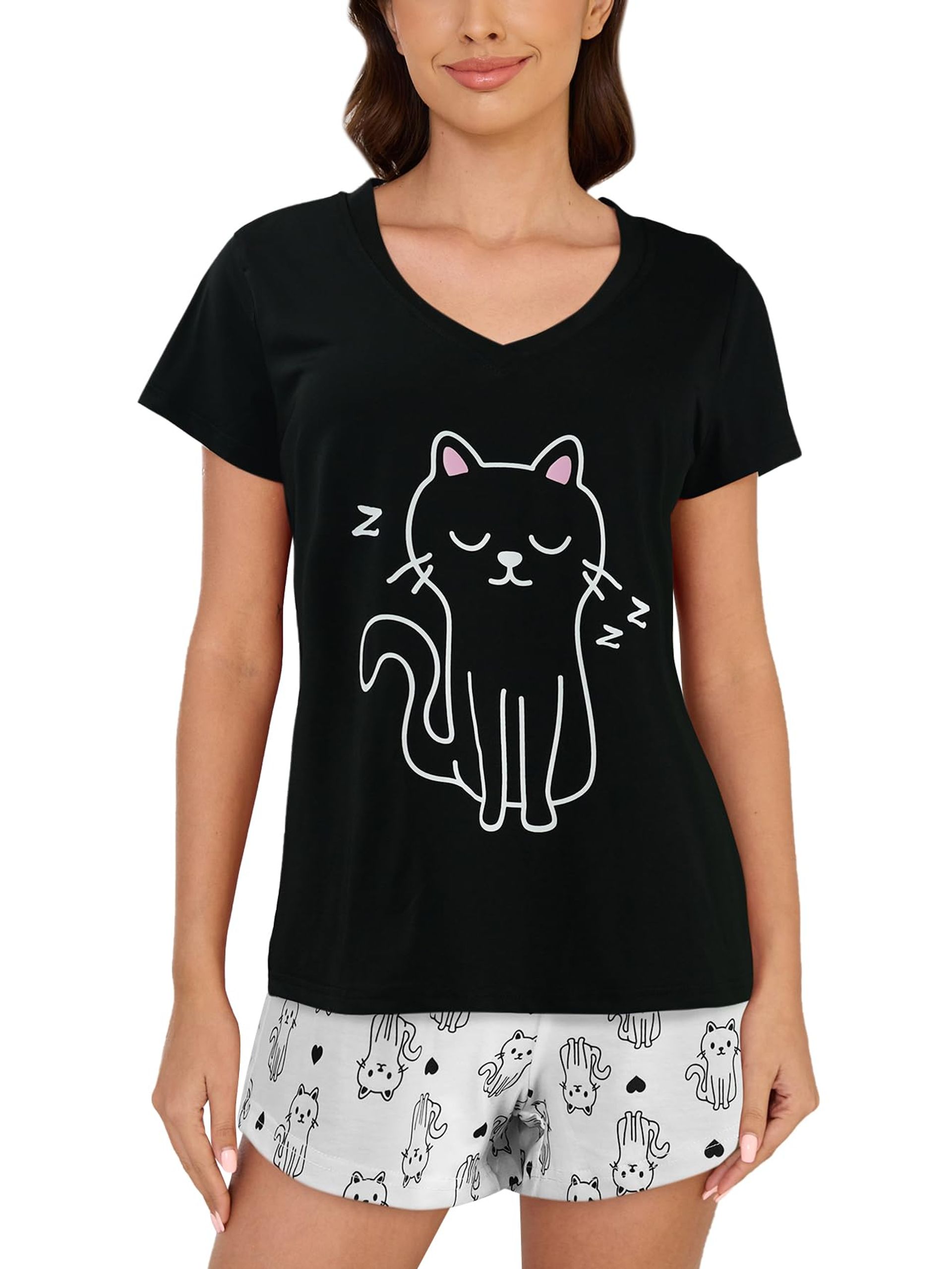 Women's V-Neck Pyjama Shorts Set with Cat Print, Soft & Comfy Loungewear - Black Cat XS