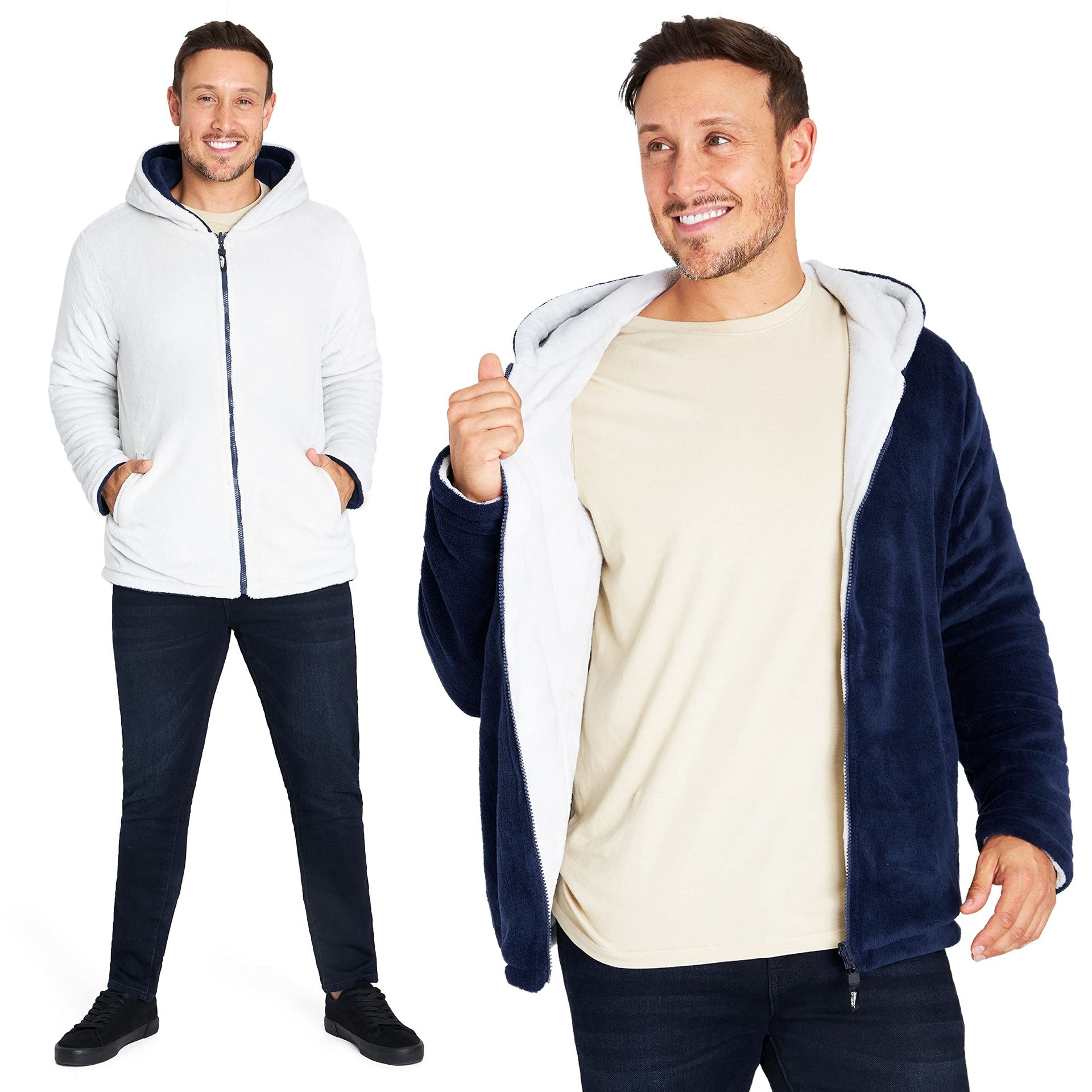 Men's Reversible Fleece Hoodie Jacket with Full Zip, Warm Thermal Outdoor Layer - Navy 3XL
