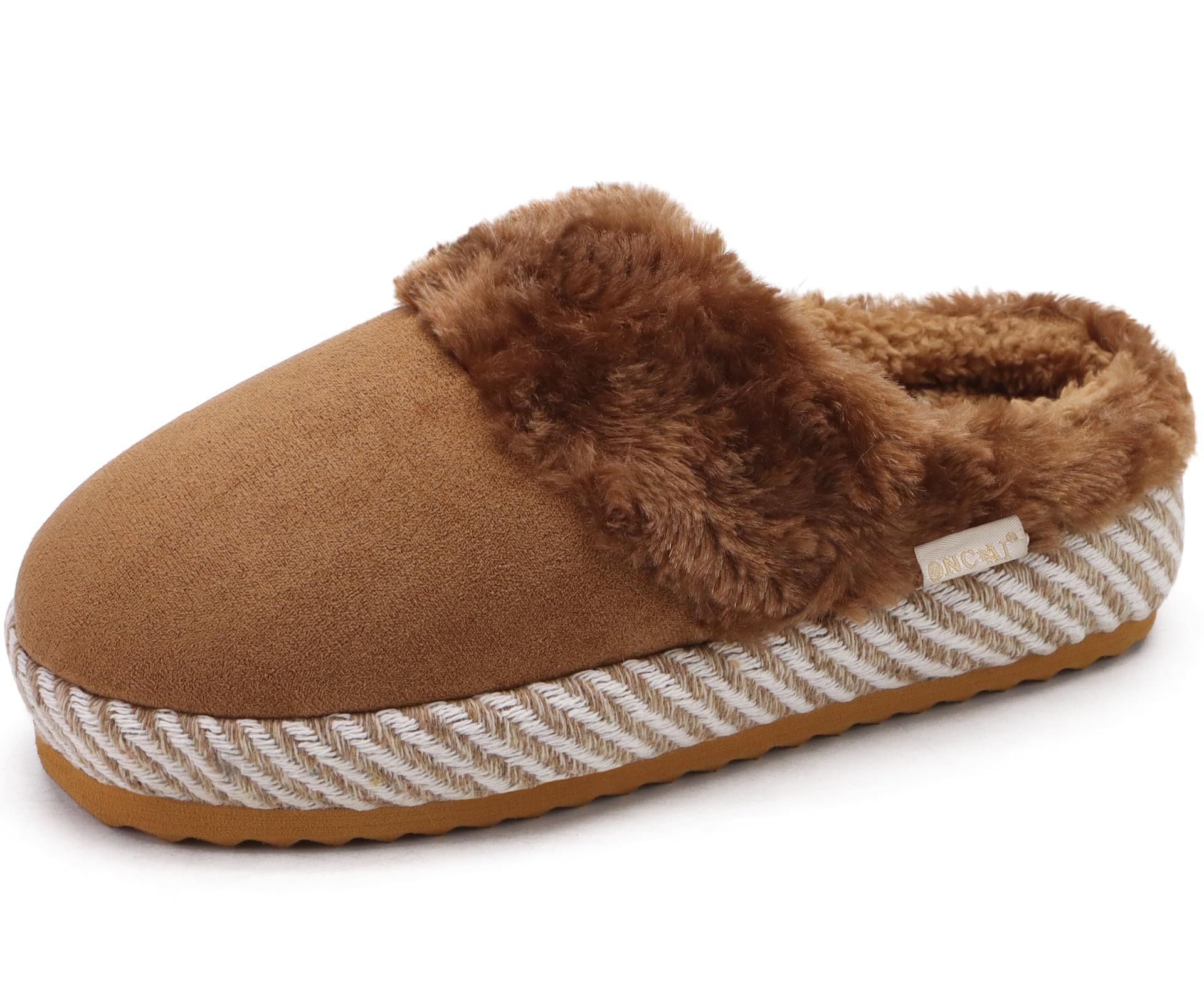 Women's Faux Fur Suede Slippers Cushioned Yoga Mat Insole Warm Indoor Outdoor House Shoes - Khaki UK 5