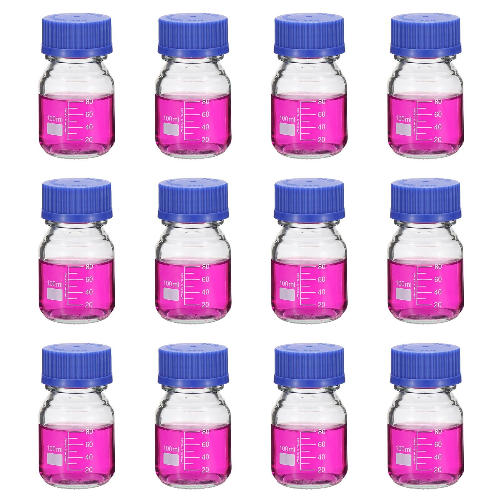 12 Pack Reagent Media Storage Bottles Borosilicate Glass Leakproof Graduated Round Bottles with Screw Caps - Blue 100ml
