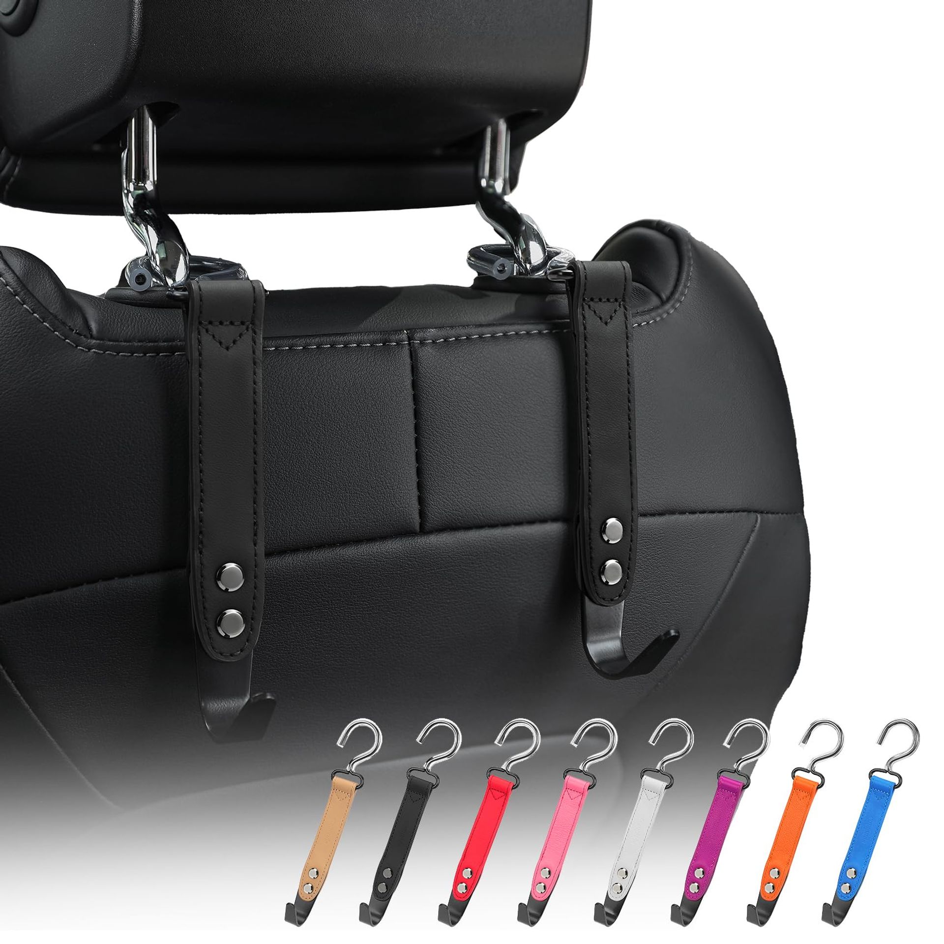 Black Rotatable Genuine Leather Car Seat Hooks - 2 Pack for Handbags & Shopping Bags