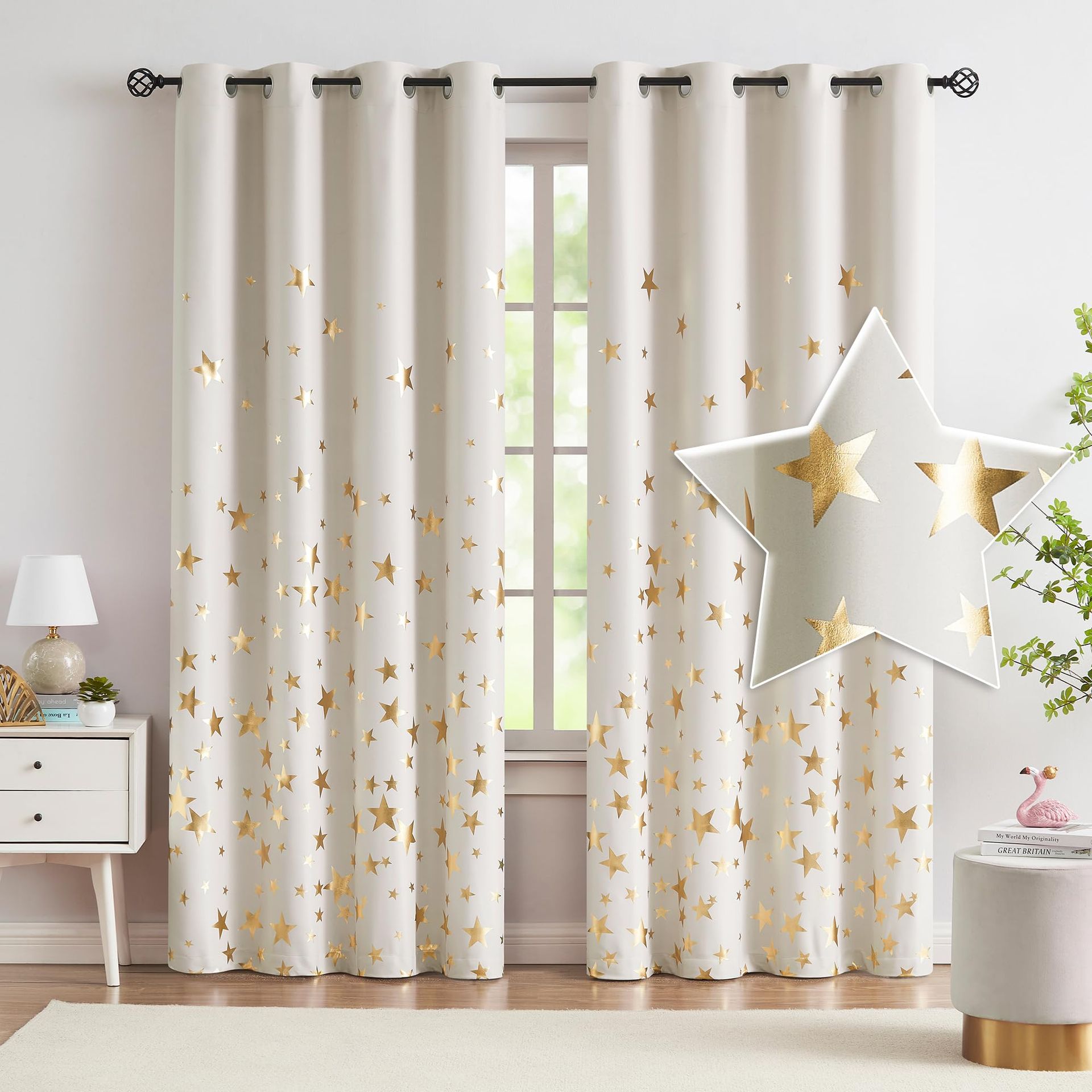 Thermal Blackout Curtains Eyelet Panels with Star Foil Design 2 Pieces - Star-Natural Ivory W50 x L90