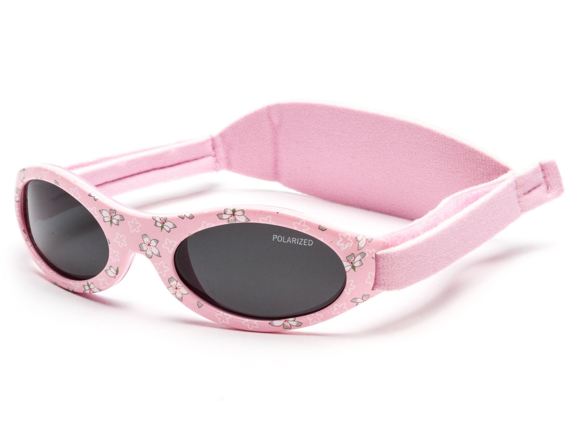 Baby Polarised Sunglasses UV400 Protection Soft Silicone Nose Bridge Adjustable Neoprene Band - Pink With White Flowers From 0 Months