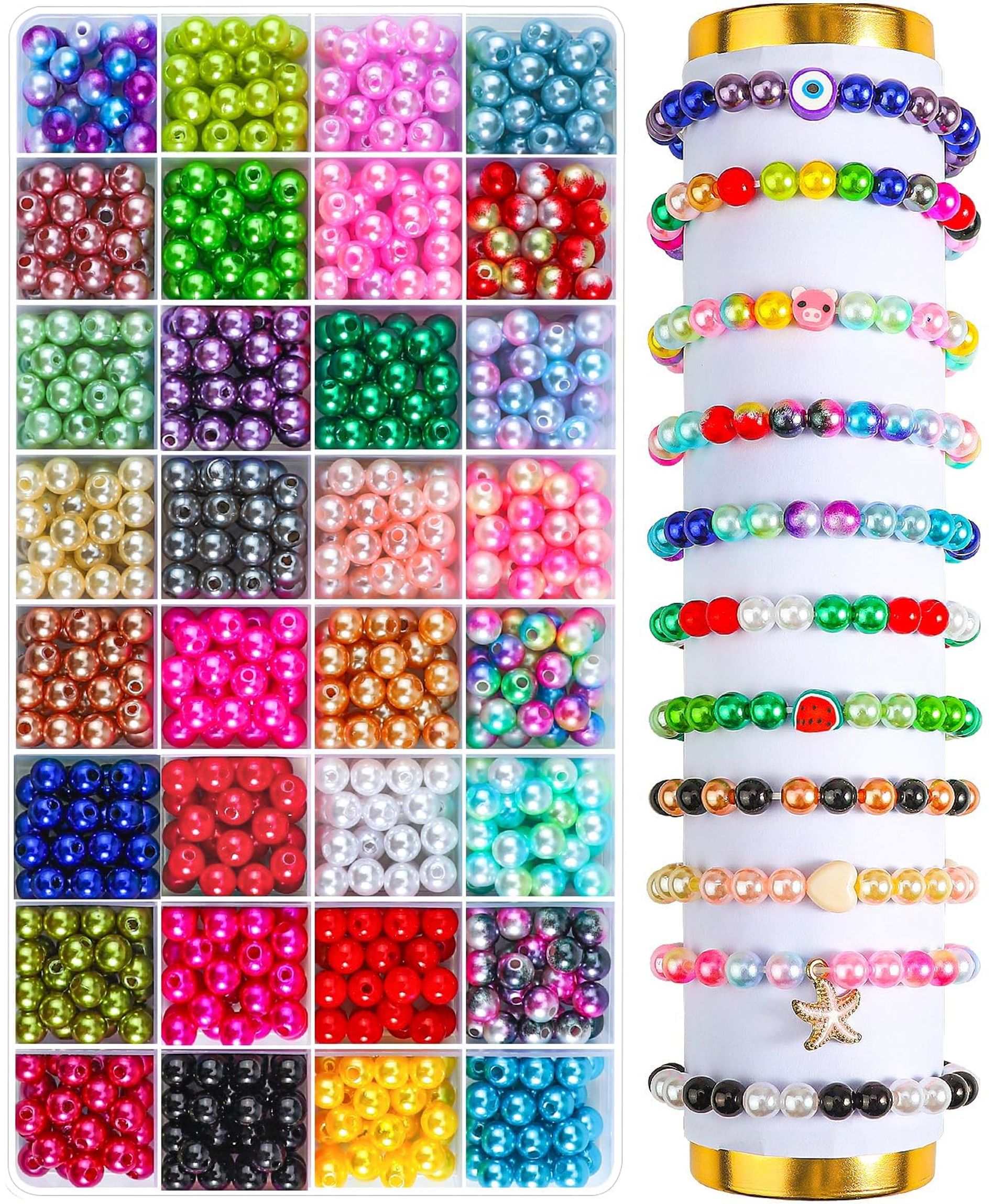1000PCS 8mm Pearl Beads Kit - 32 Colourful Beads for DIY Jewellery Crafting