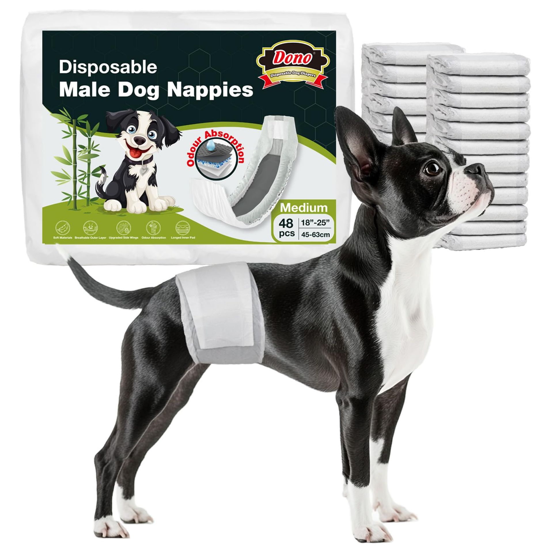 Dono Dog Nappies Male, 48pcs, Super Absorbent & Leak-Proof Charcoal Belly Bands for Incontinence & Travel