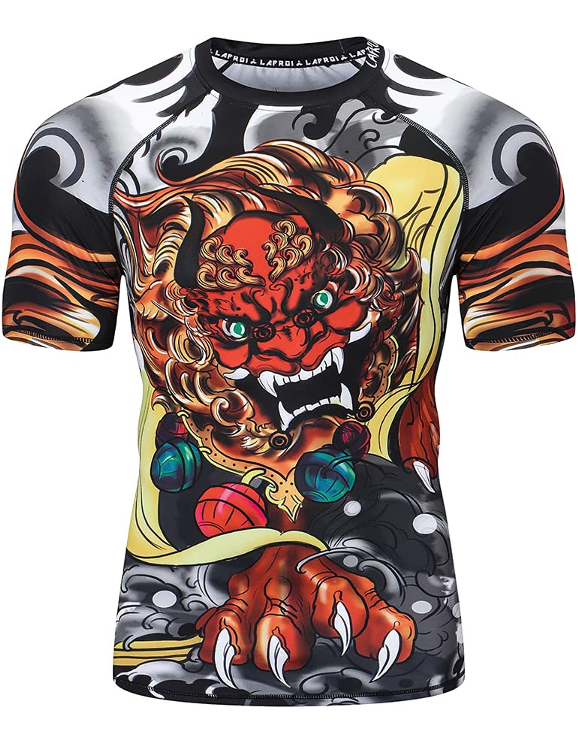 Men's Short Sleeve UPF 50+ Compression Rash Guard Quick-Dry Sports Top - Lion Dance S