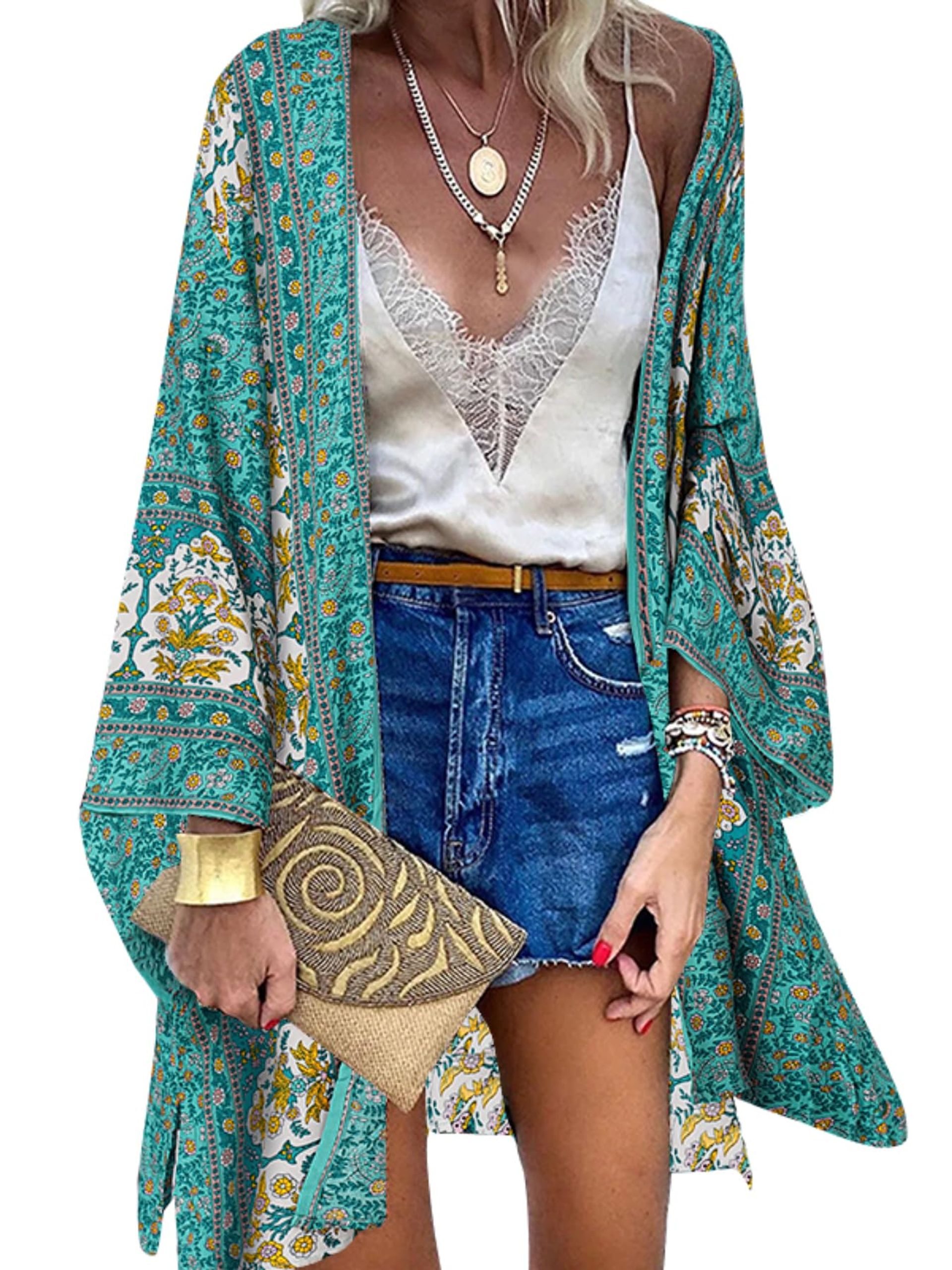 Women's Kimono Cardigan 3/4 Sleeve Chiffon Floral Bohemian Beach Cover Up - Alpha Green M