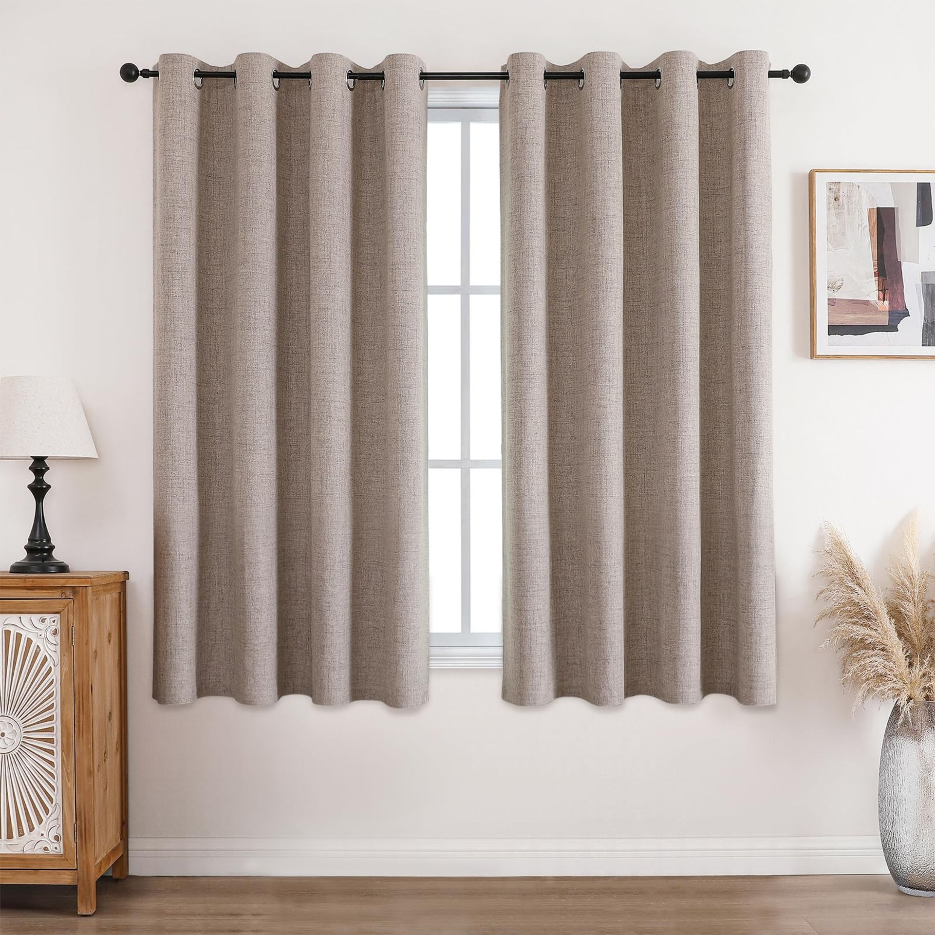 100% Blackout Curtains Thermal Insulated Energy Saving Eyelet Panels for Bedroom or Living Room - Linen W46 x L54 (2 Panels)
