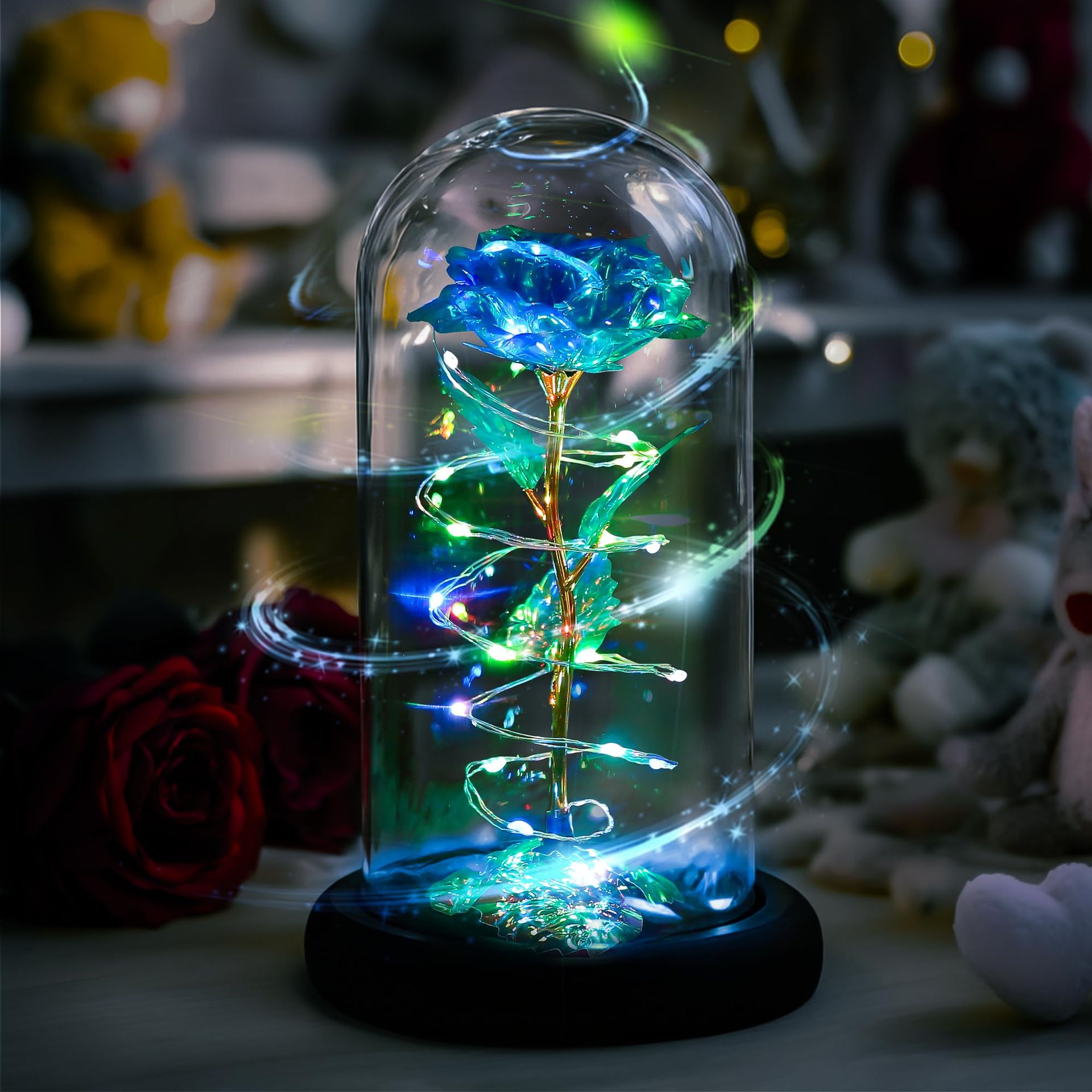 Rotating Christmas Flower Gift,Birthday Gifts for Women,Graduation Rose Gift for Her,Artificial Flower Gifts for Mum,Spinning Colorful Blue Light Up Rose in A Glass Dome for Wife Grandma Wedding
