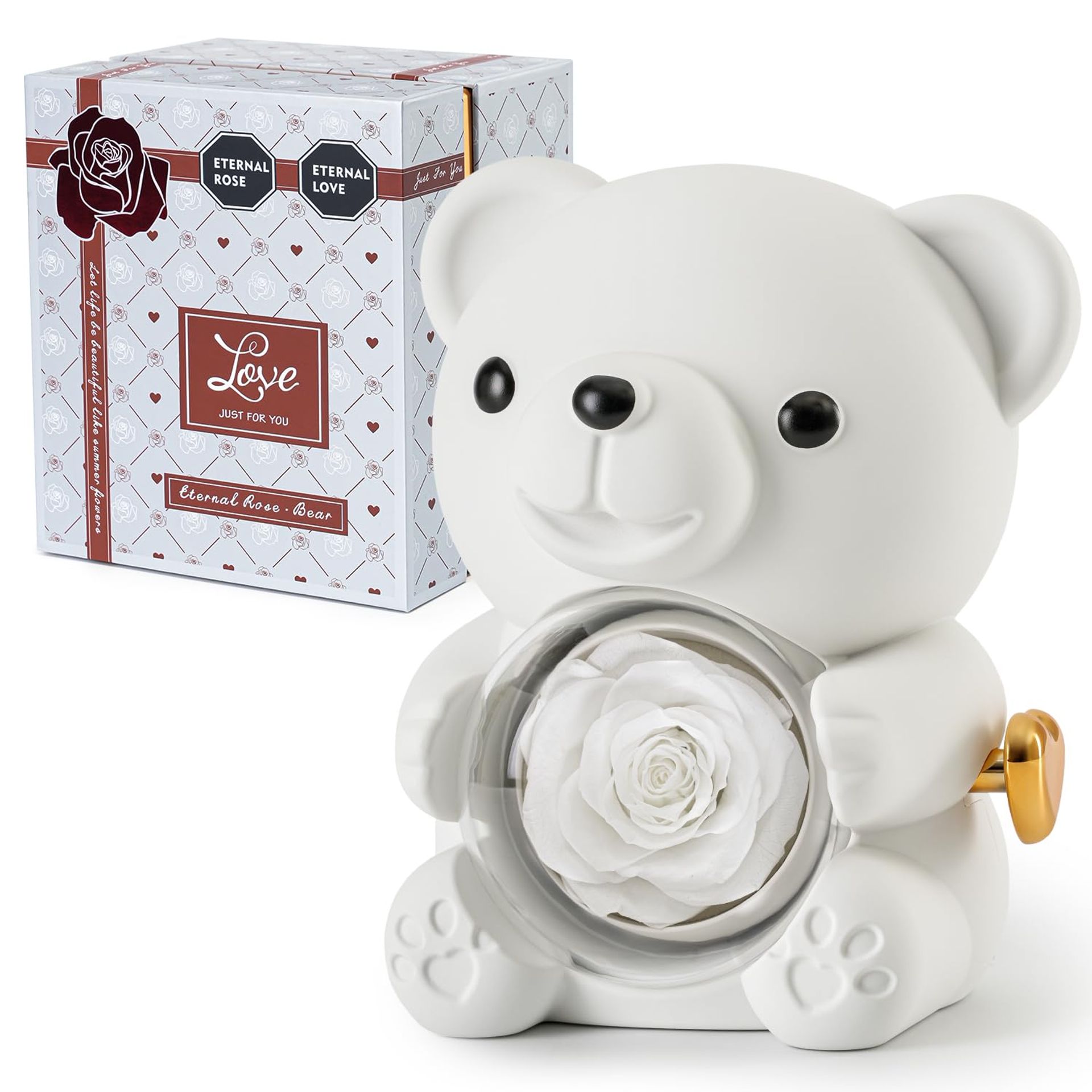 White Teddy Bear Gift with Preserved Real Rose, Heart Necklace & Elegant Box - White Grey Box - Valentines