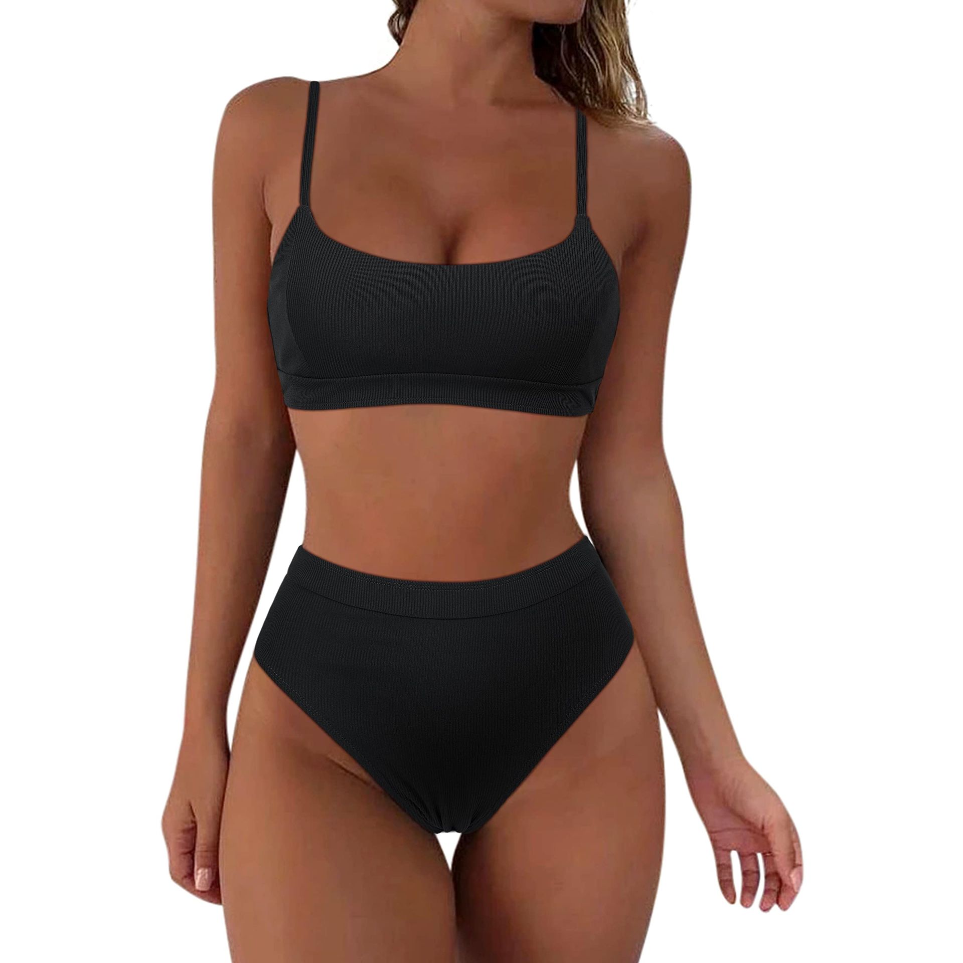 Women's Bikini Set High Cut Ribbed 2 Piece Square Neck Swimming Costume - Black XL
